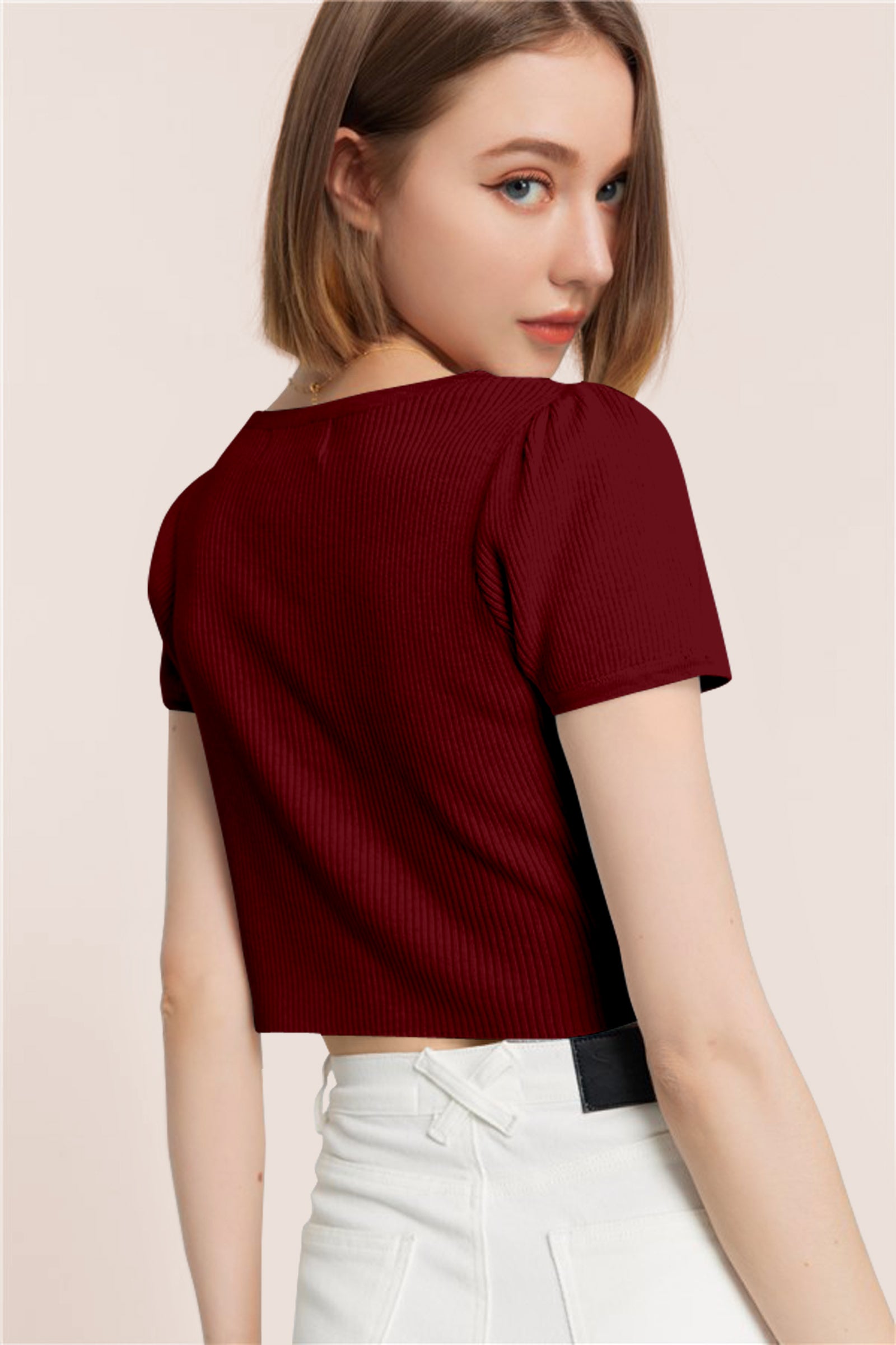 Women’s Ribbed V-Neck Crop Top – Grey