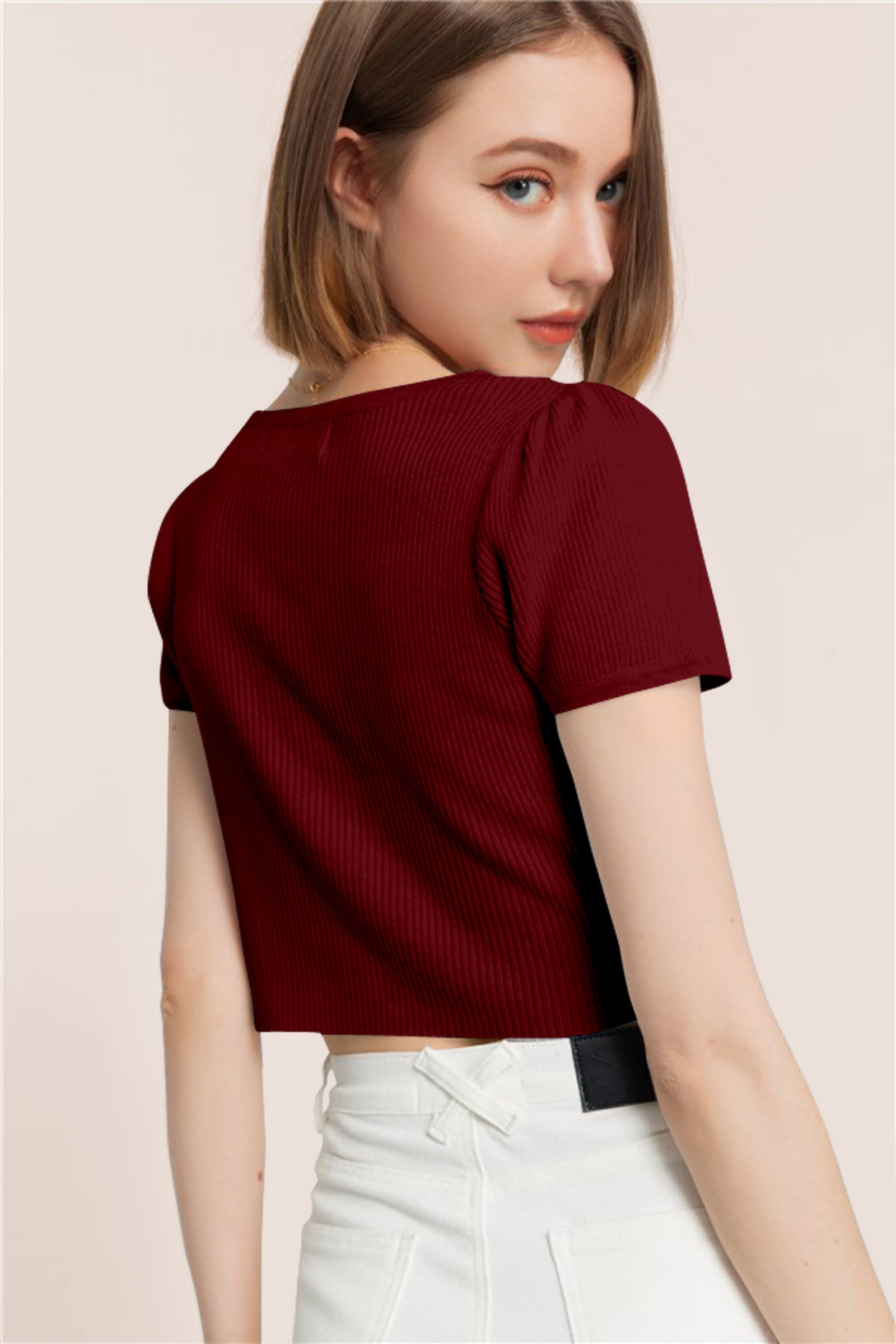 Women’s Ribbed V-Neck Crop Top – Maroon