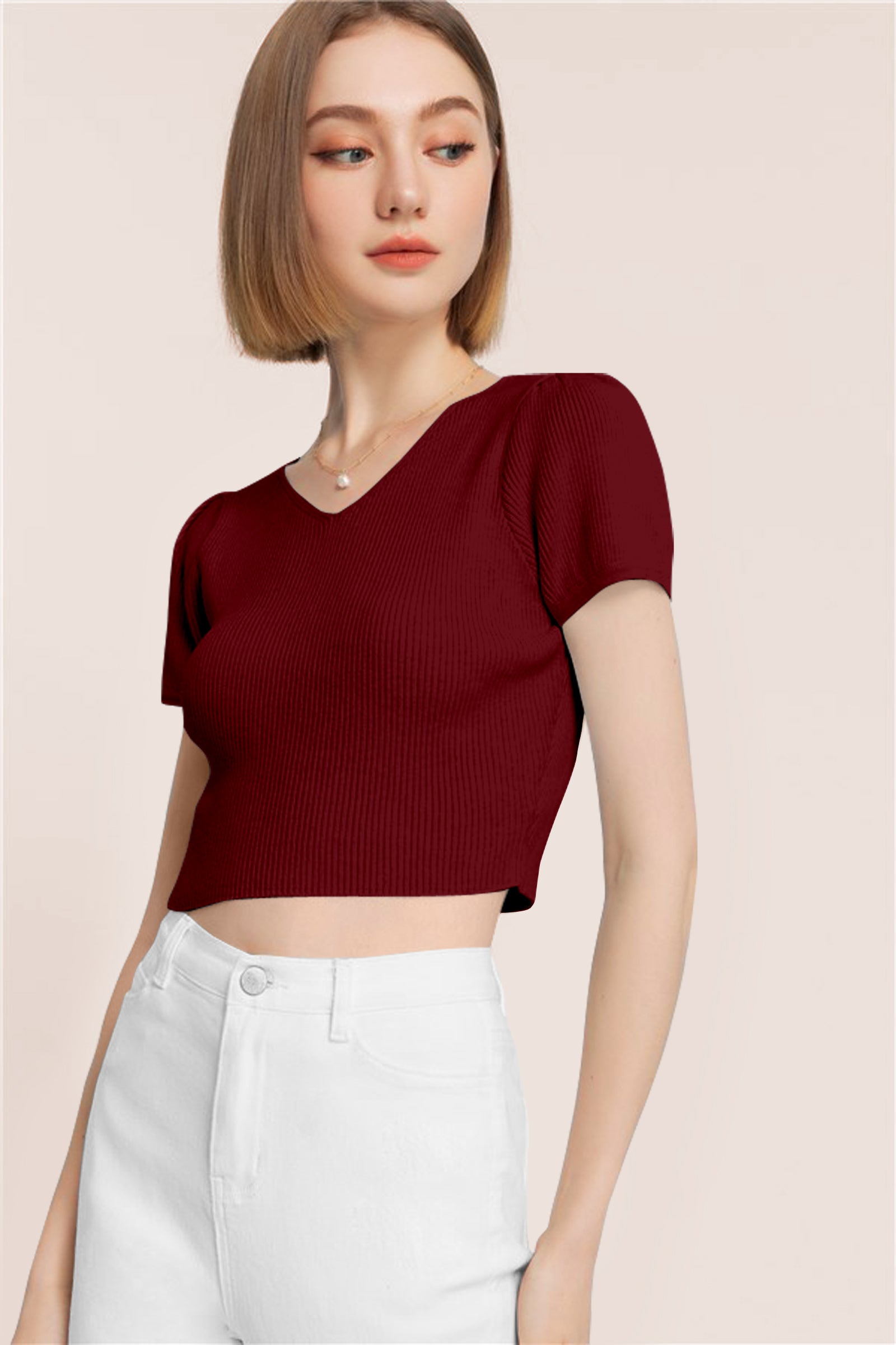 Women’s Ribbed V-Neck Crop Top – Grey