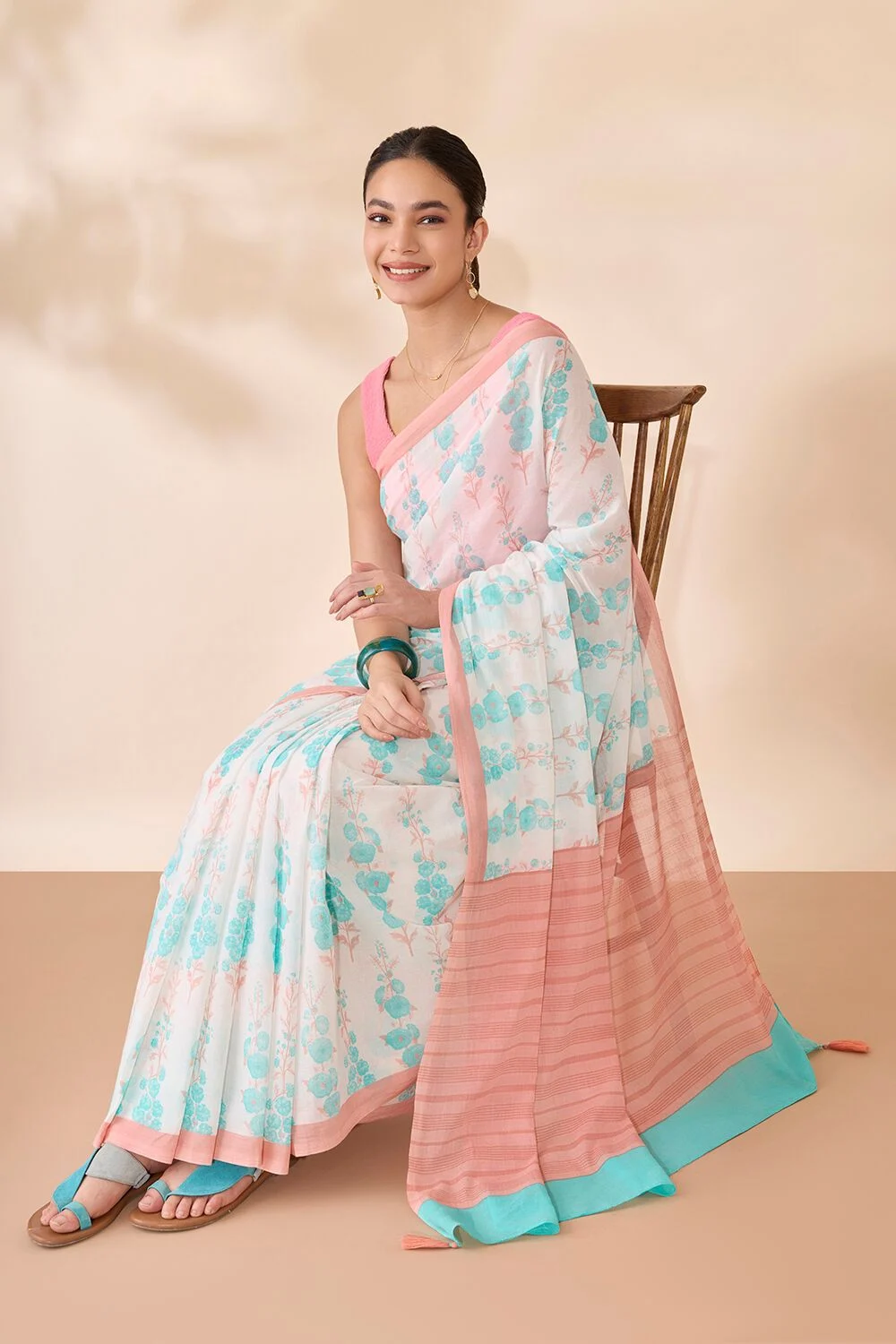 Beige Textured Silk Saree with Scallop Border