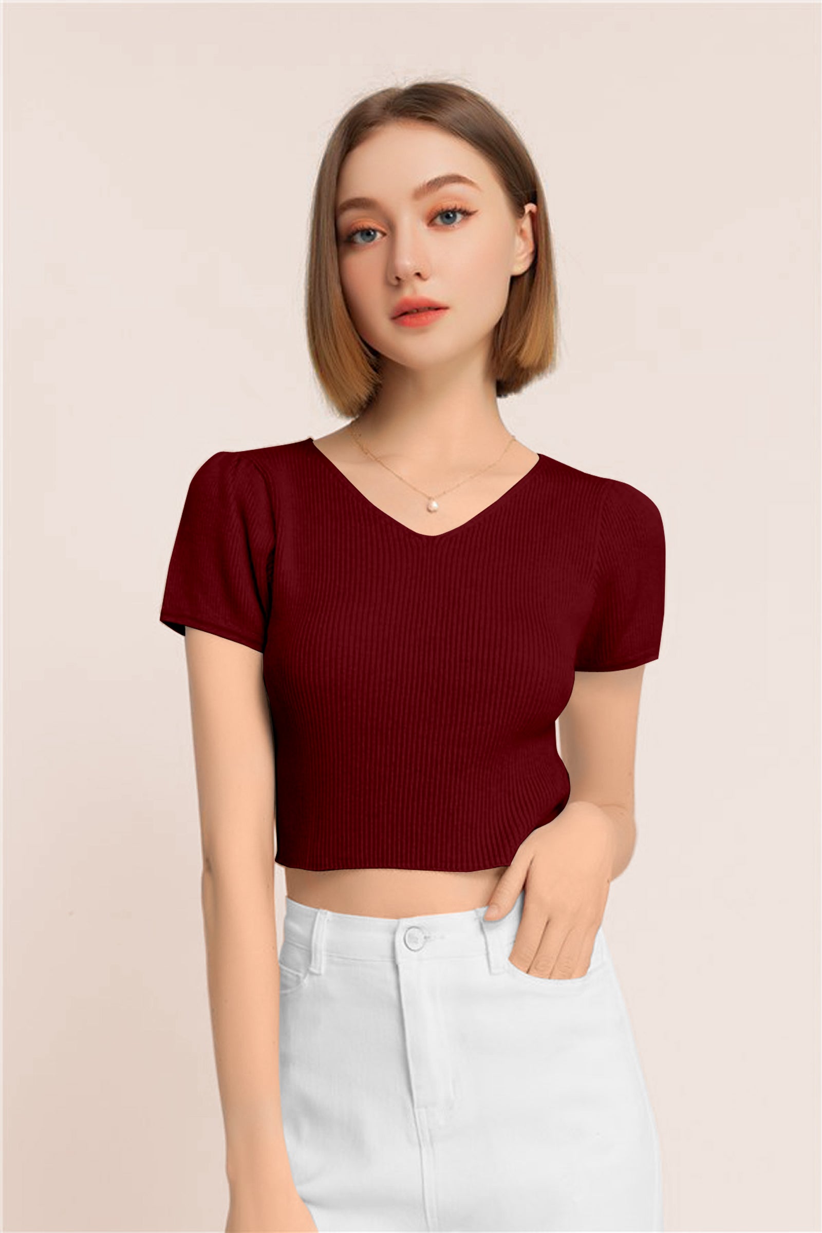 Women’s Ribbed V-Neck Crop Top – Grey