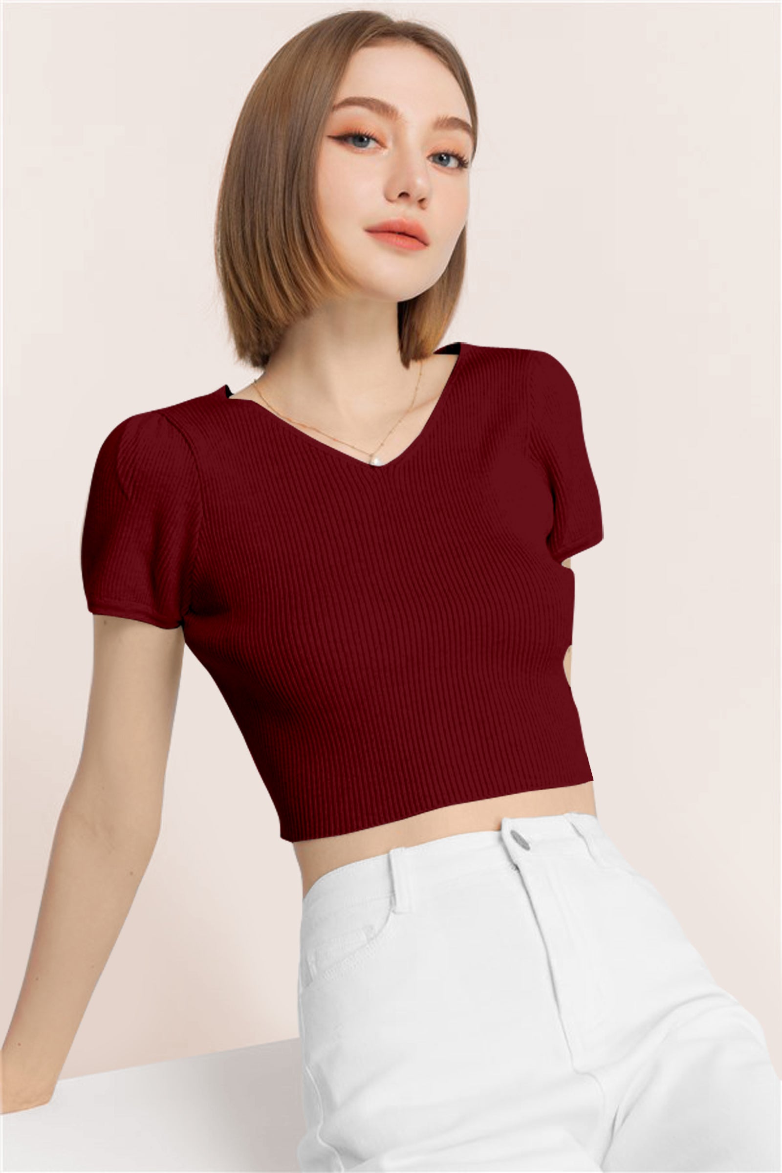 Women’s Ribbed V-Neck Crop Top – Grey