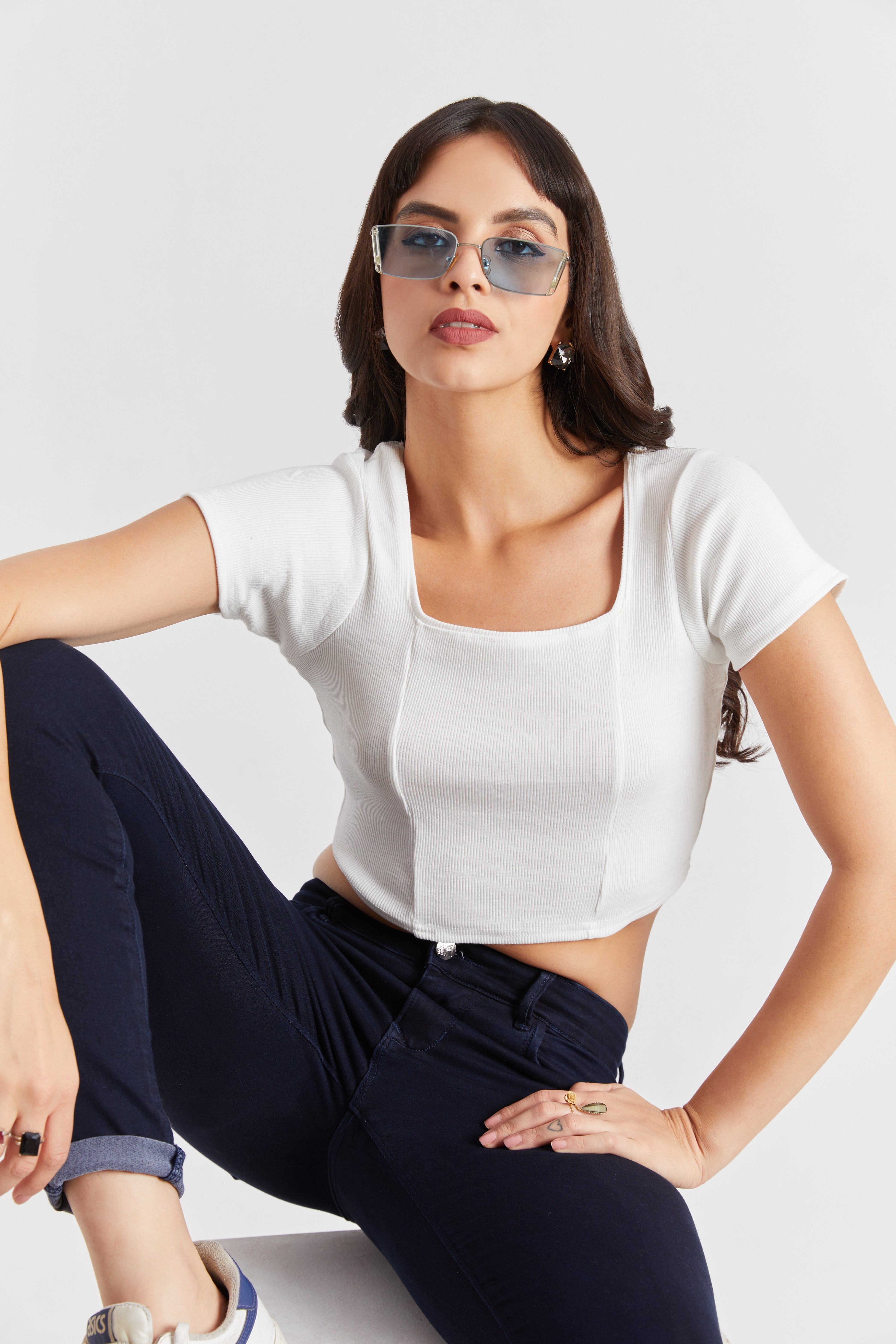 White Ribbed Square Neck Crop Top