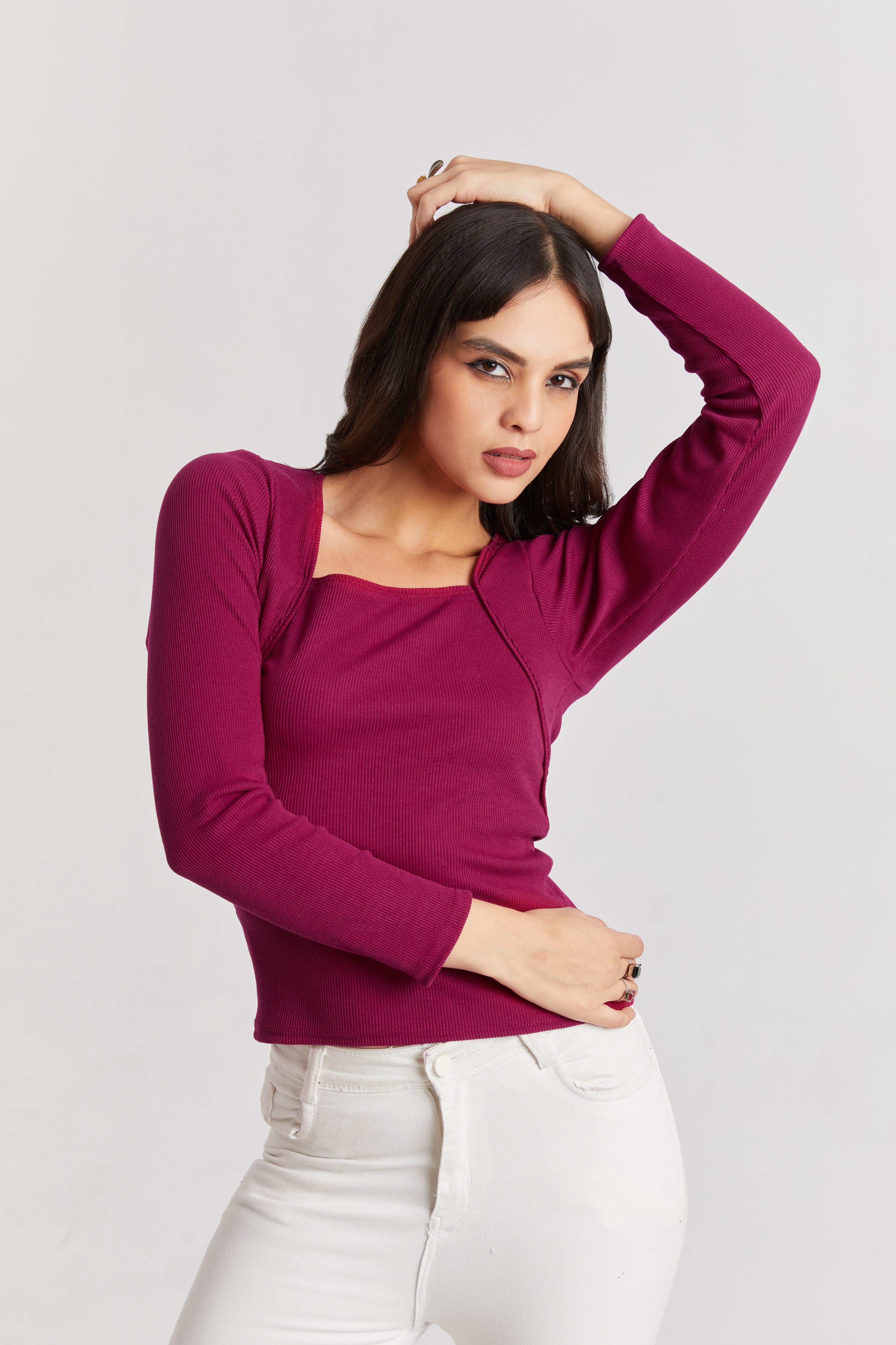 Wine Ribbed Square Neck Top