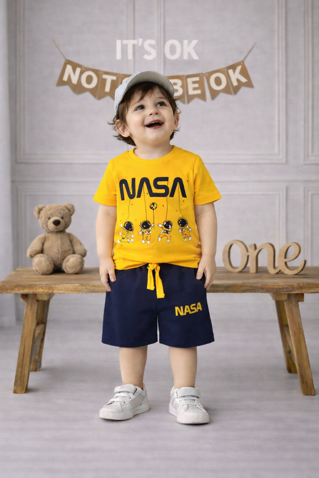 Boys Orange NASA Printed T-Shirt with Navy Shorts Co-ord Set