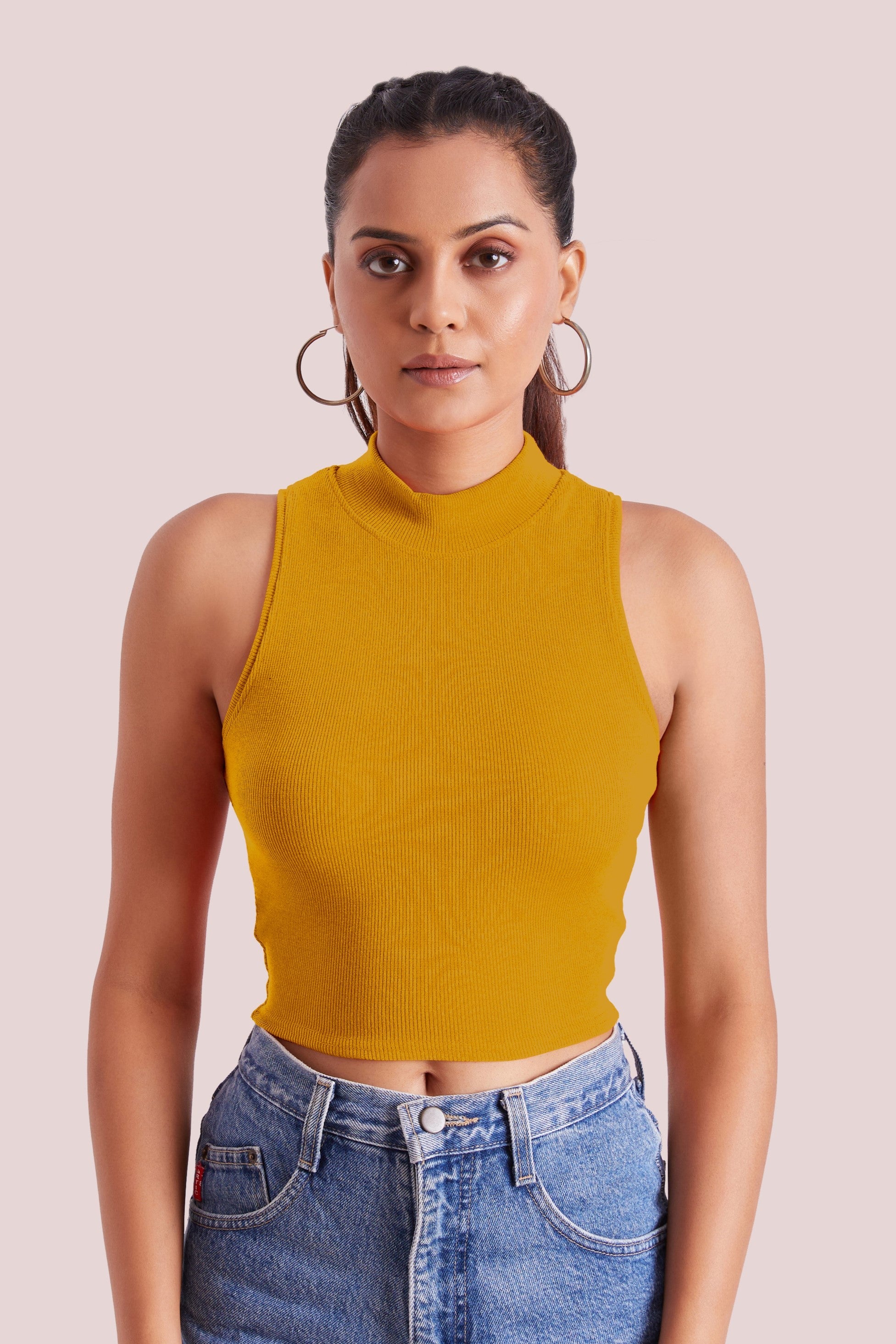 Mustard Yellow Ribbed High Neck Sleeveless Crop Top