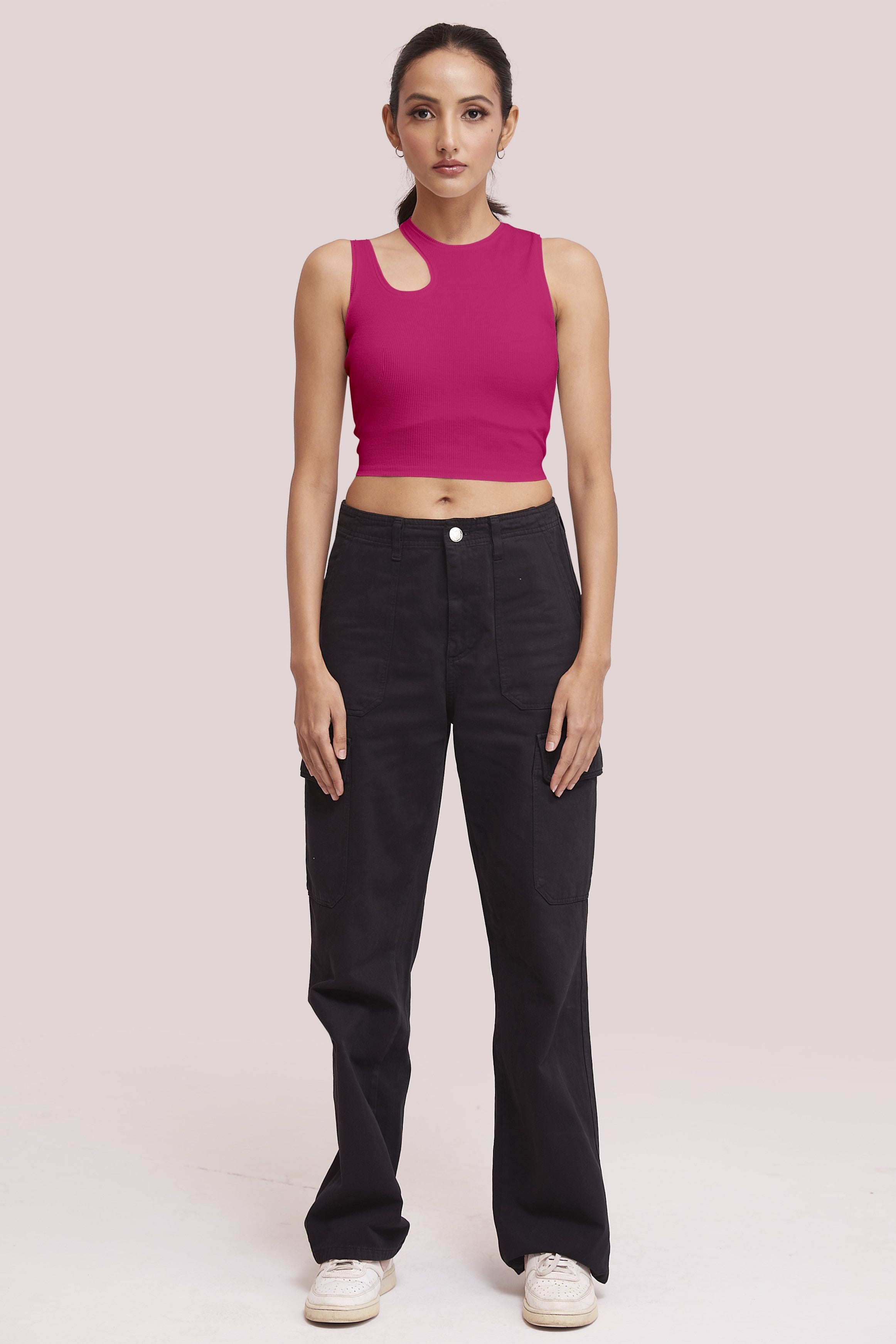 Black-Ribbed Sleeveless Cut-Out Tank Top