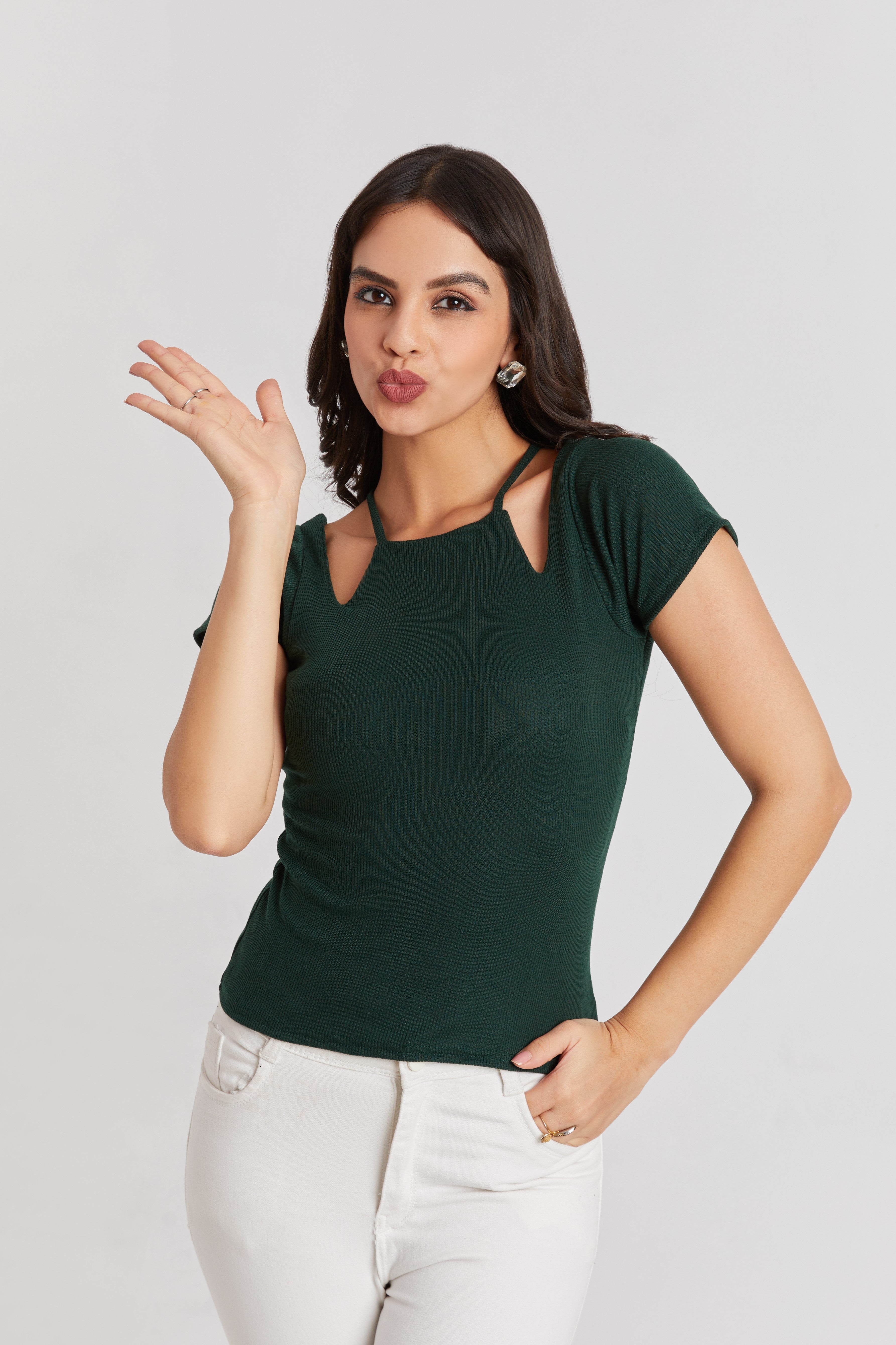 Midnight Forest Green Ribbed Cutout Top