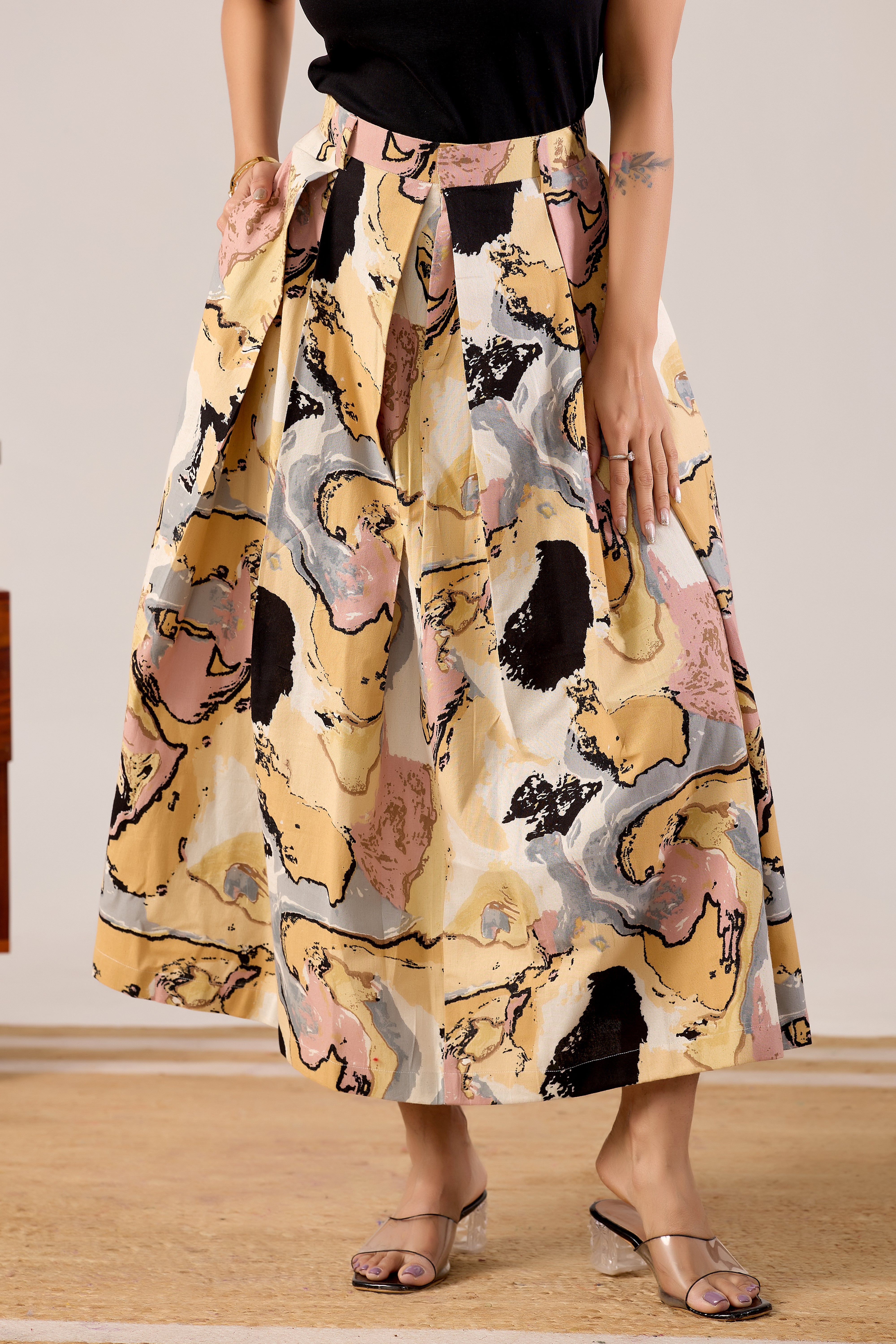 Desert Abstract Pleated Midi Skirt
