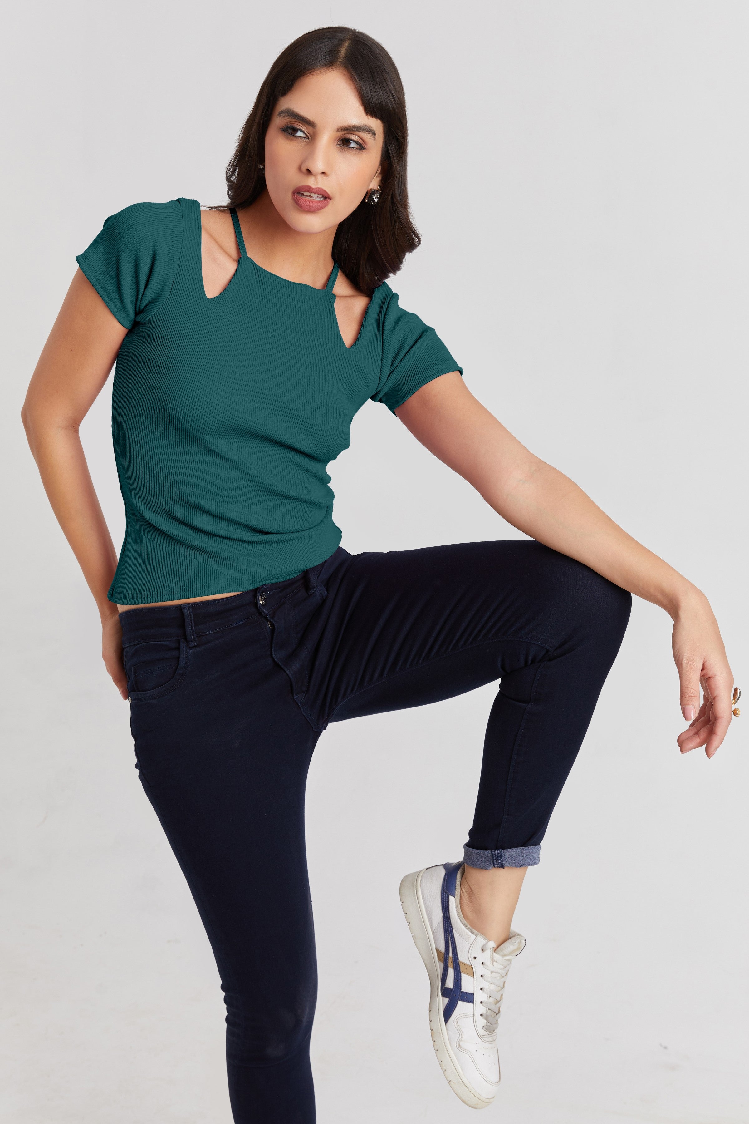 Midnight Black Ribbed Cutout Top