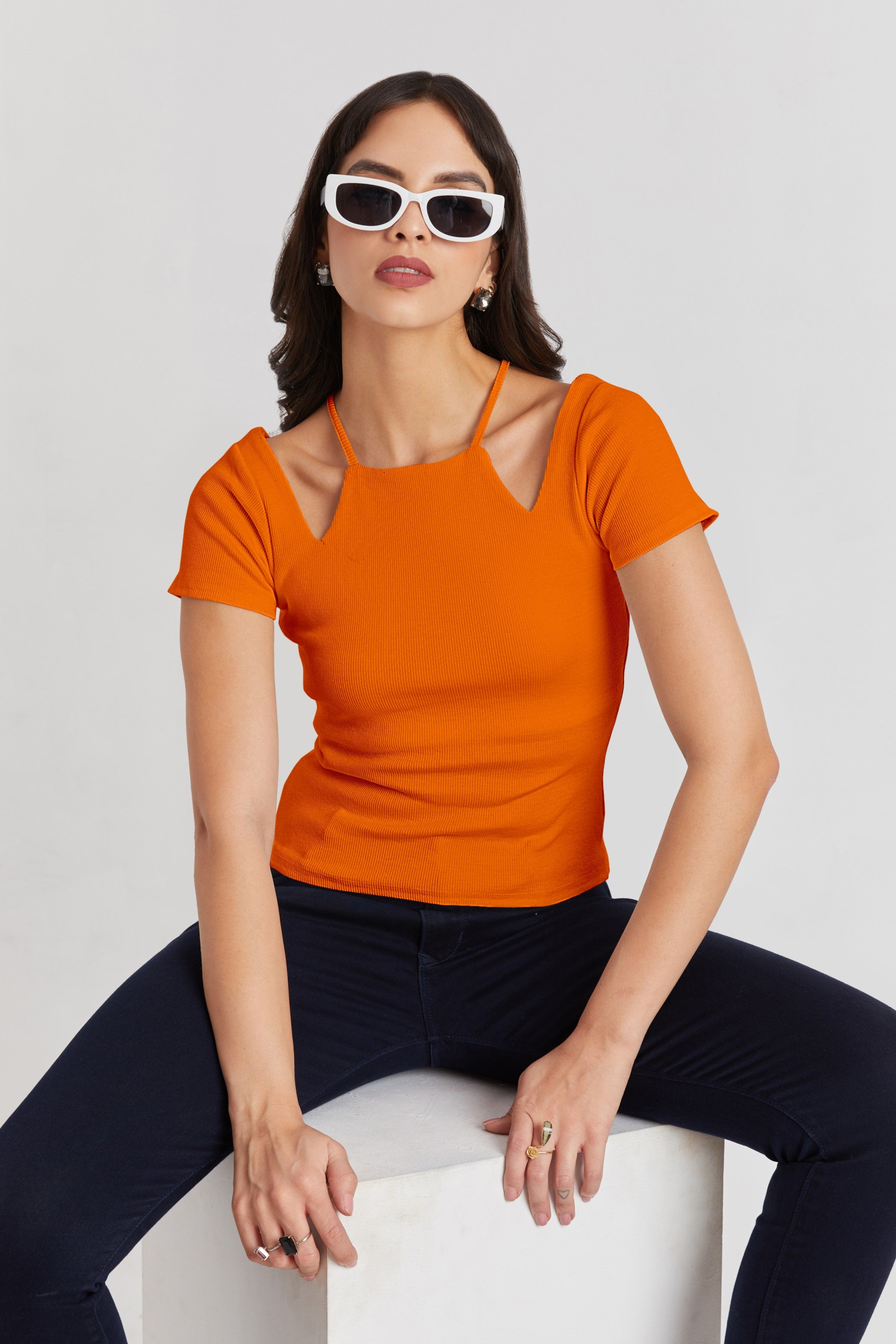 Midnight Black Ribbed Cutout Top