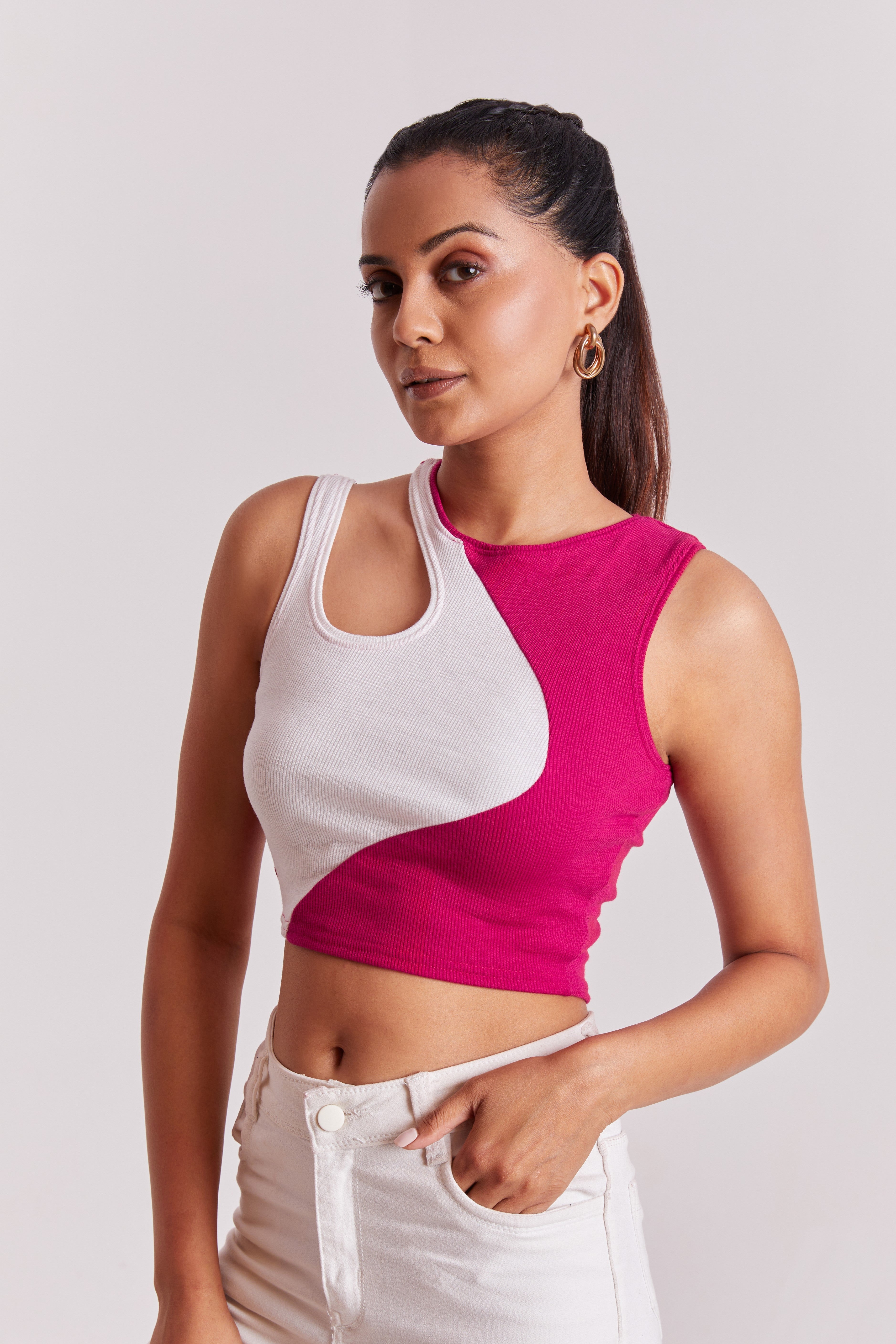 Black-Ribbed Sleeveless Cut-Out Tank Top