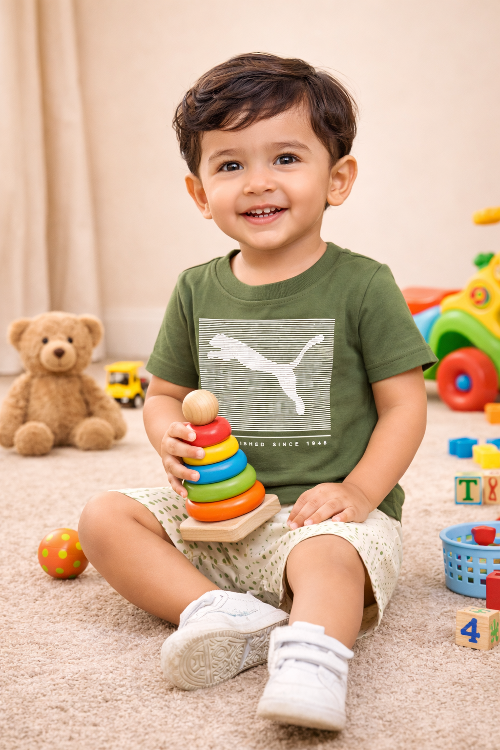 Olive Green Graphic T-Shirt with Printed Shorts Set