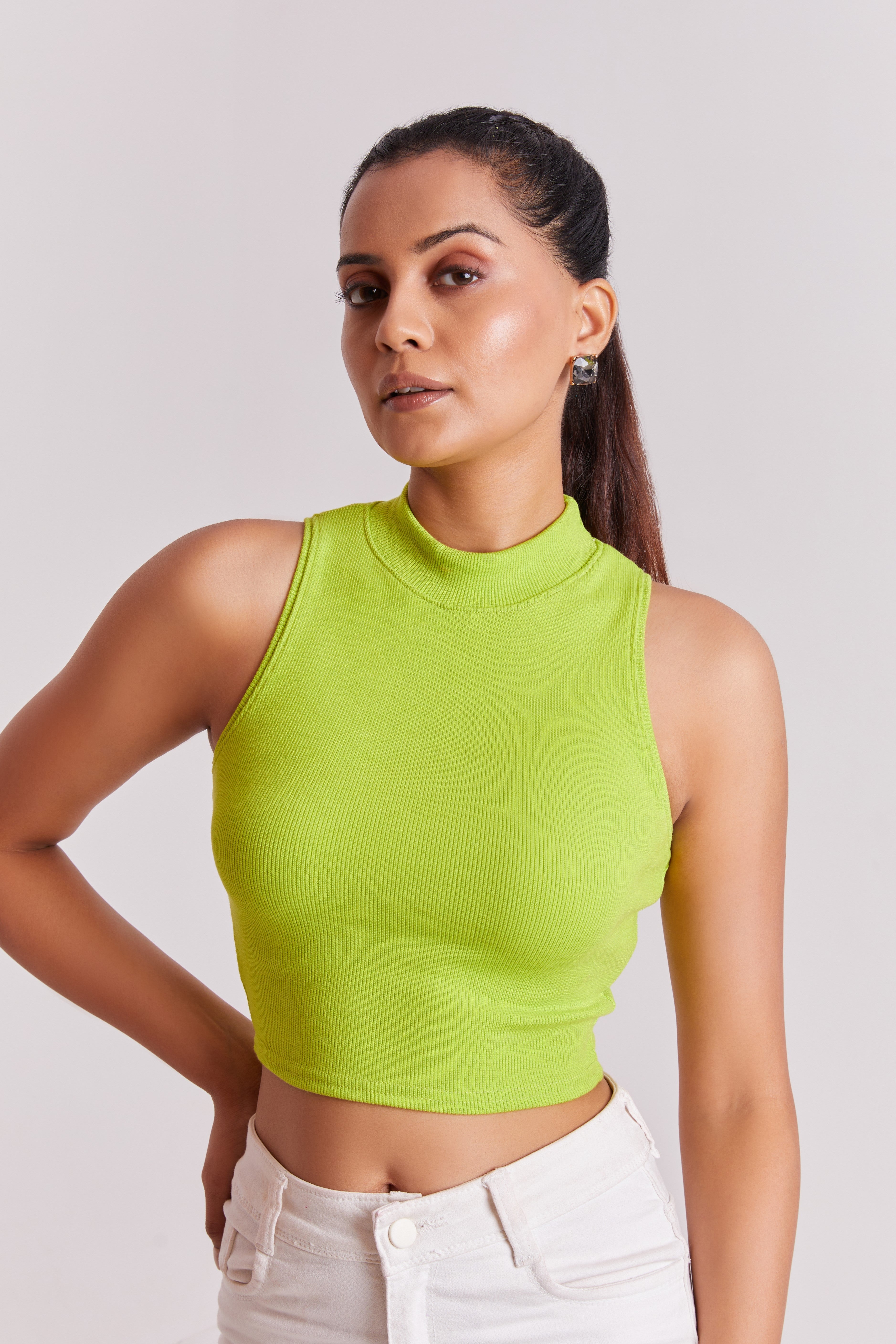 Neon Ribbed High Neck Sleeveless Crop Top