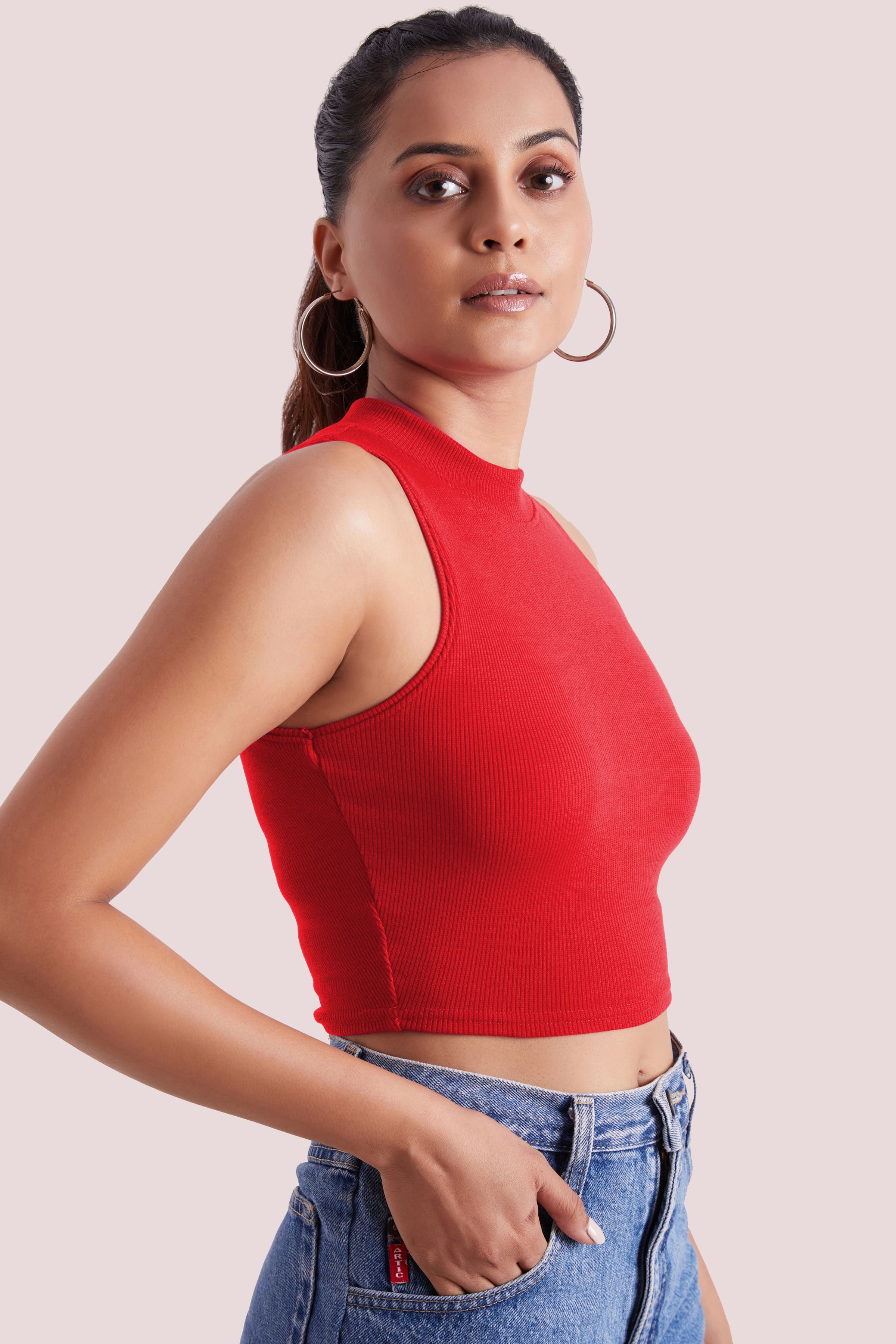 Red Ribbed High Neck Sleeveless Crop Top