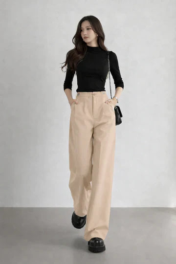 Beige High-Waist Wide Leg Trousers