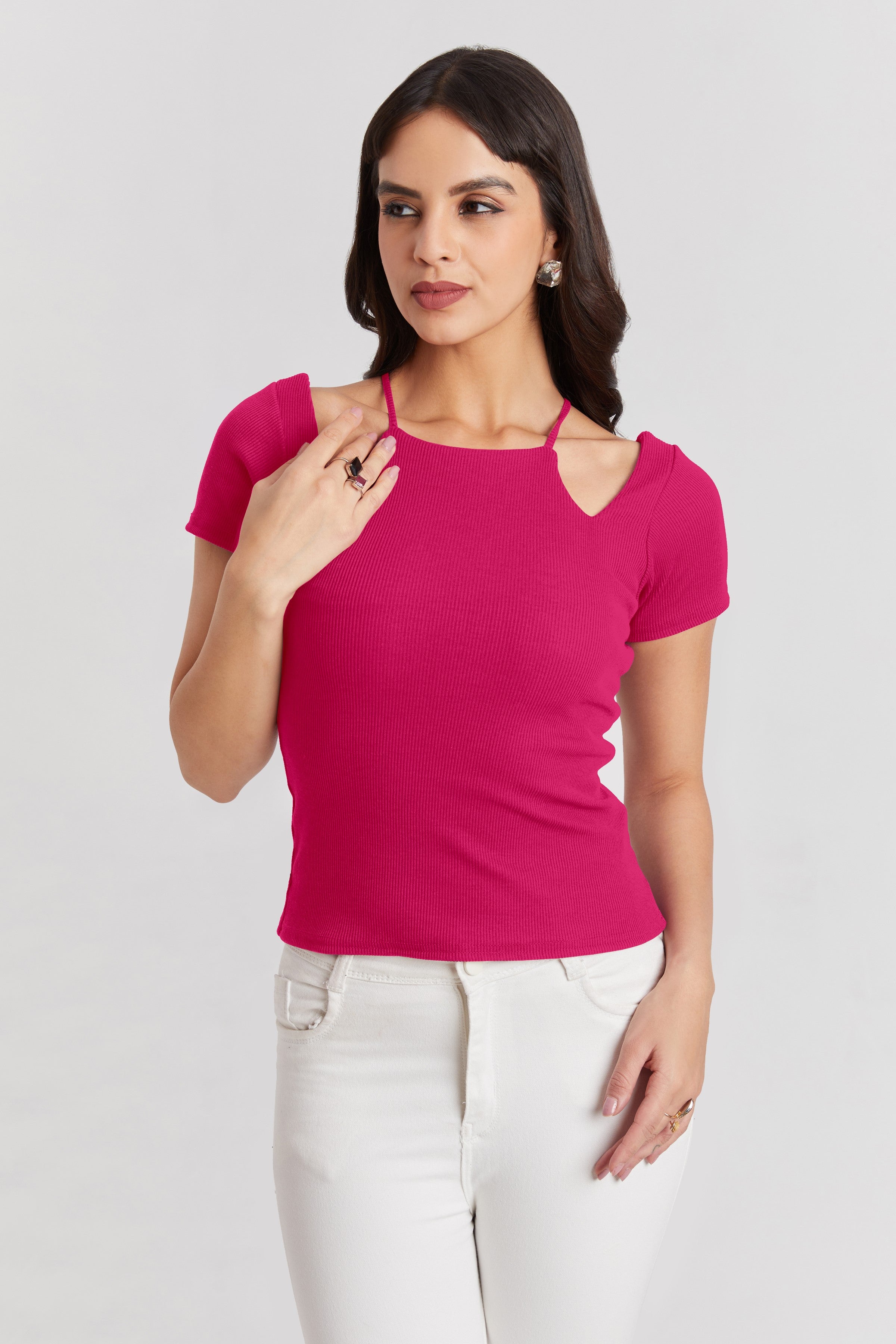 Midnight Pink Ribbed Cutout Top