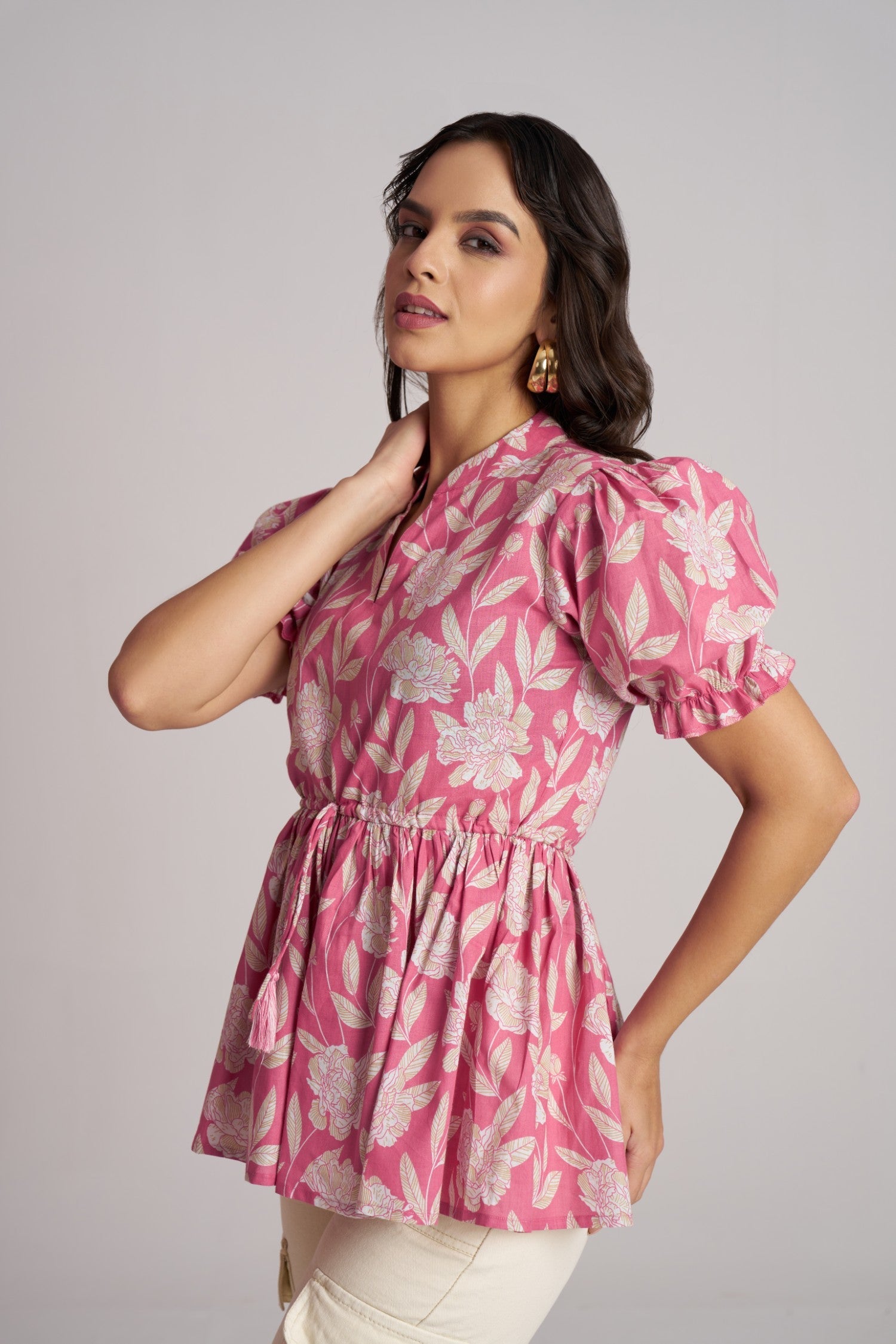 Rose Bloom Puff Sleeve Peplum Top