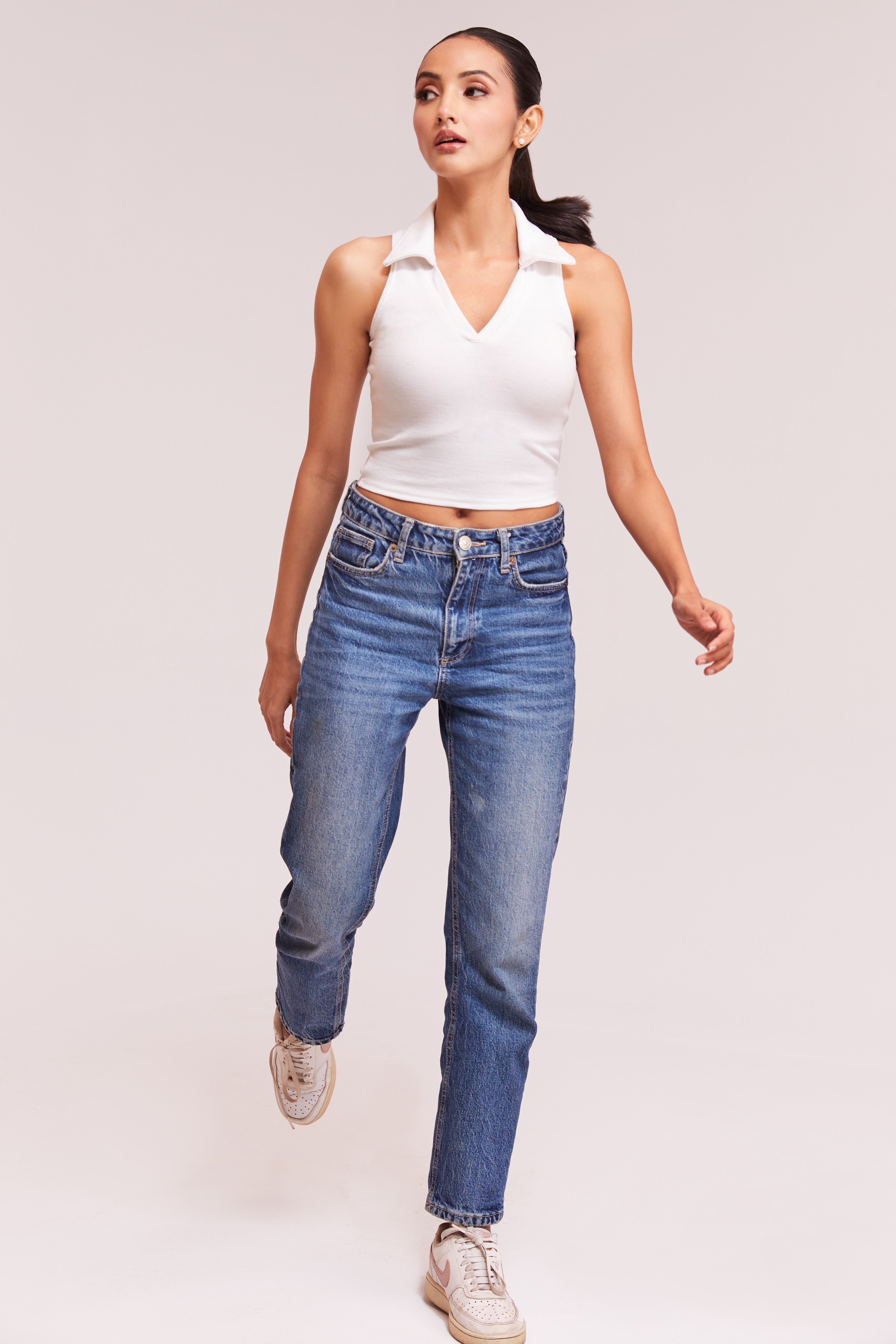 Black-Ribbed Collared Sleeveless Crop Top