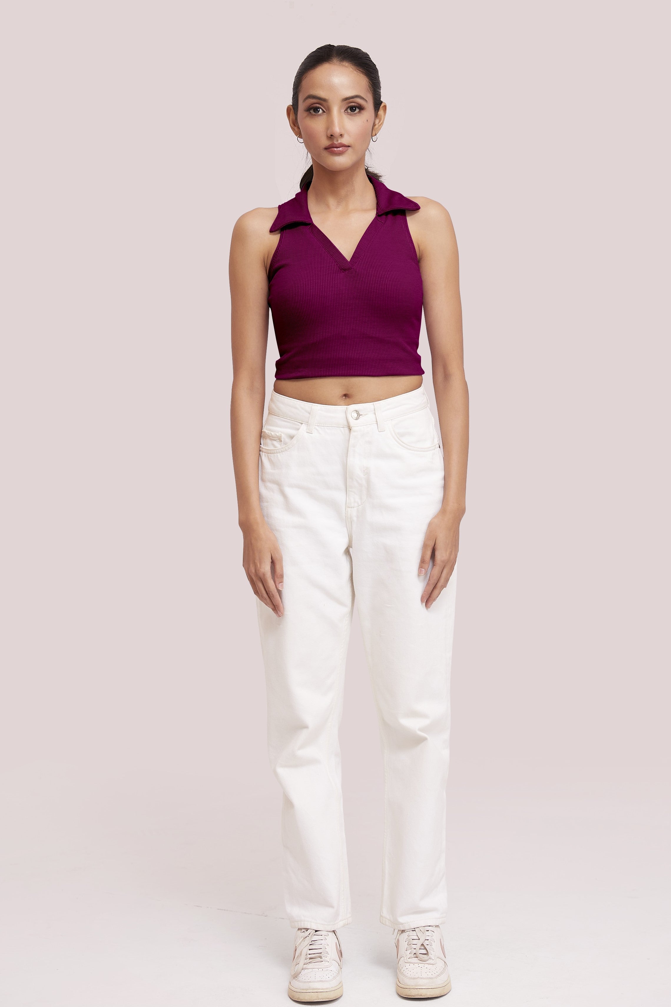 Wine-Ribbed Collared Sleeveless Crop Top