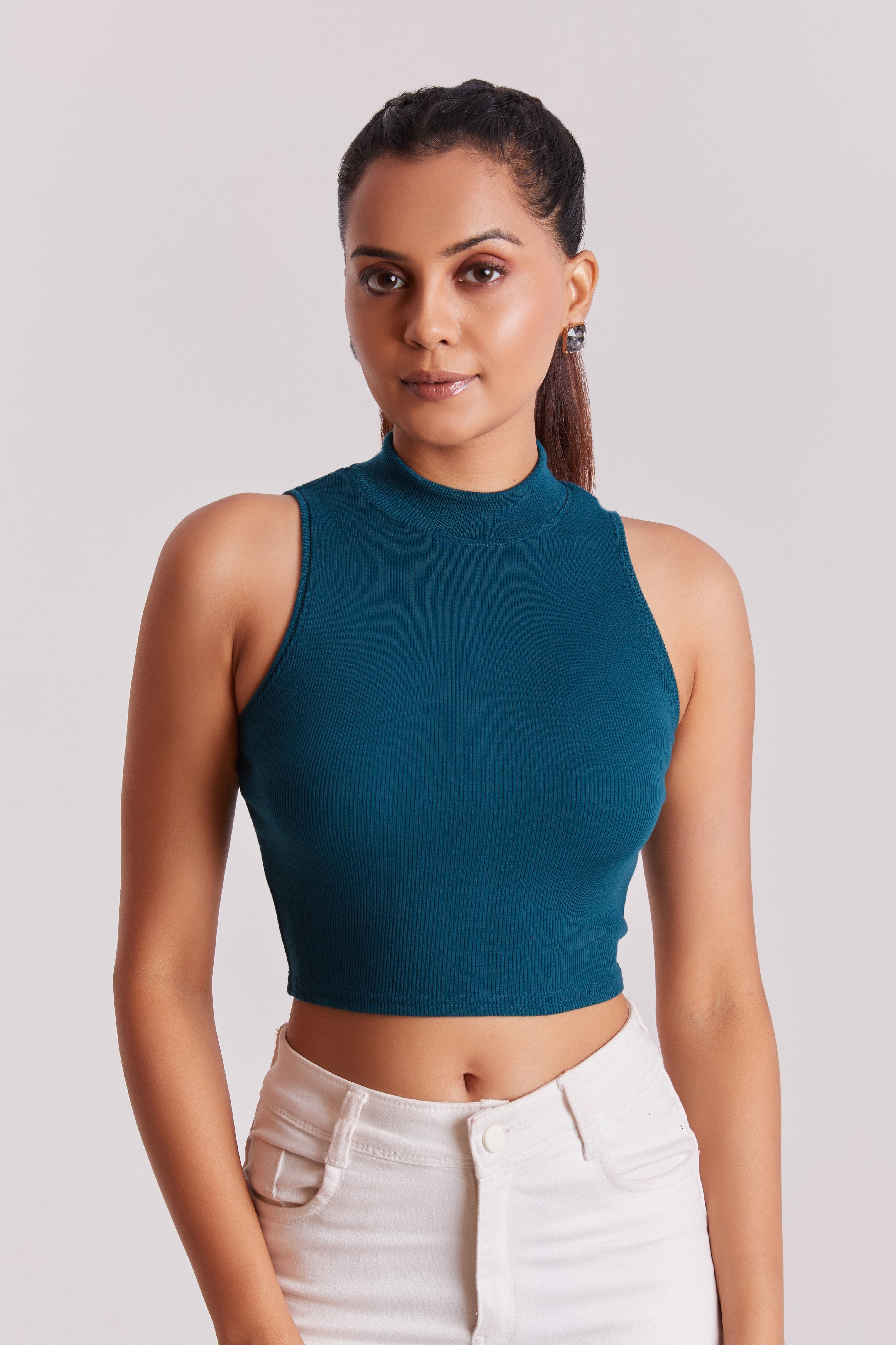 Neon & White Ribbed High Neck Sleeveless Crop Top