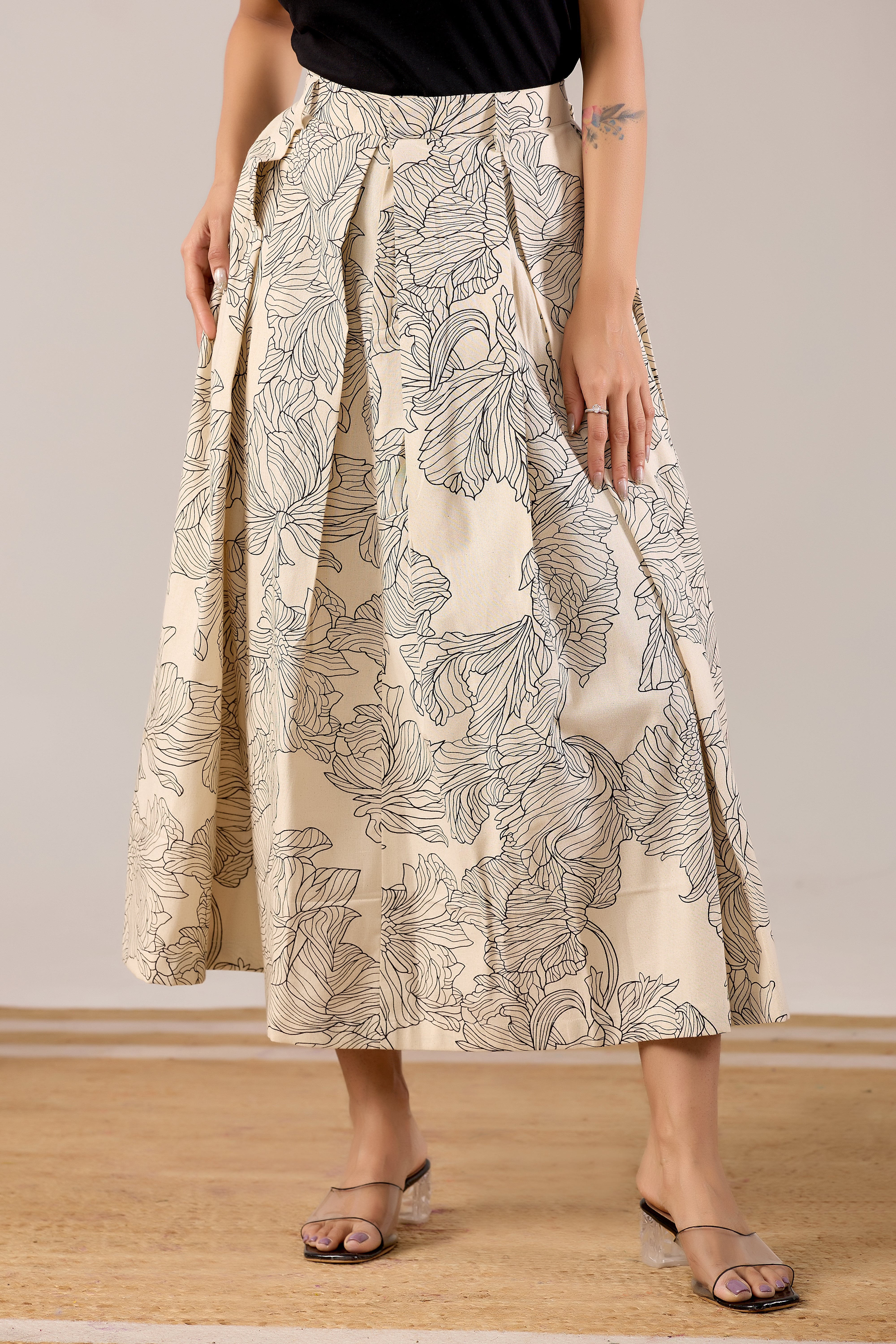 Ivory Line Art Floral Midi Skirt