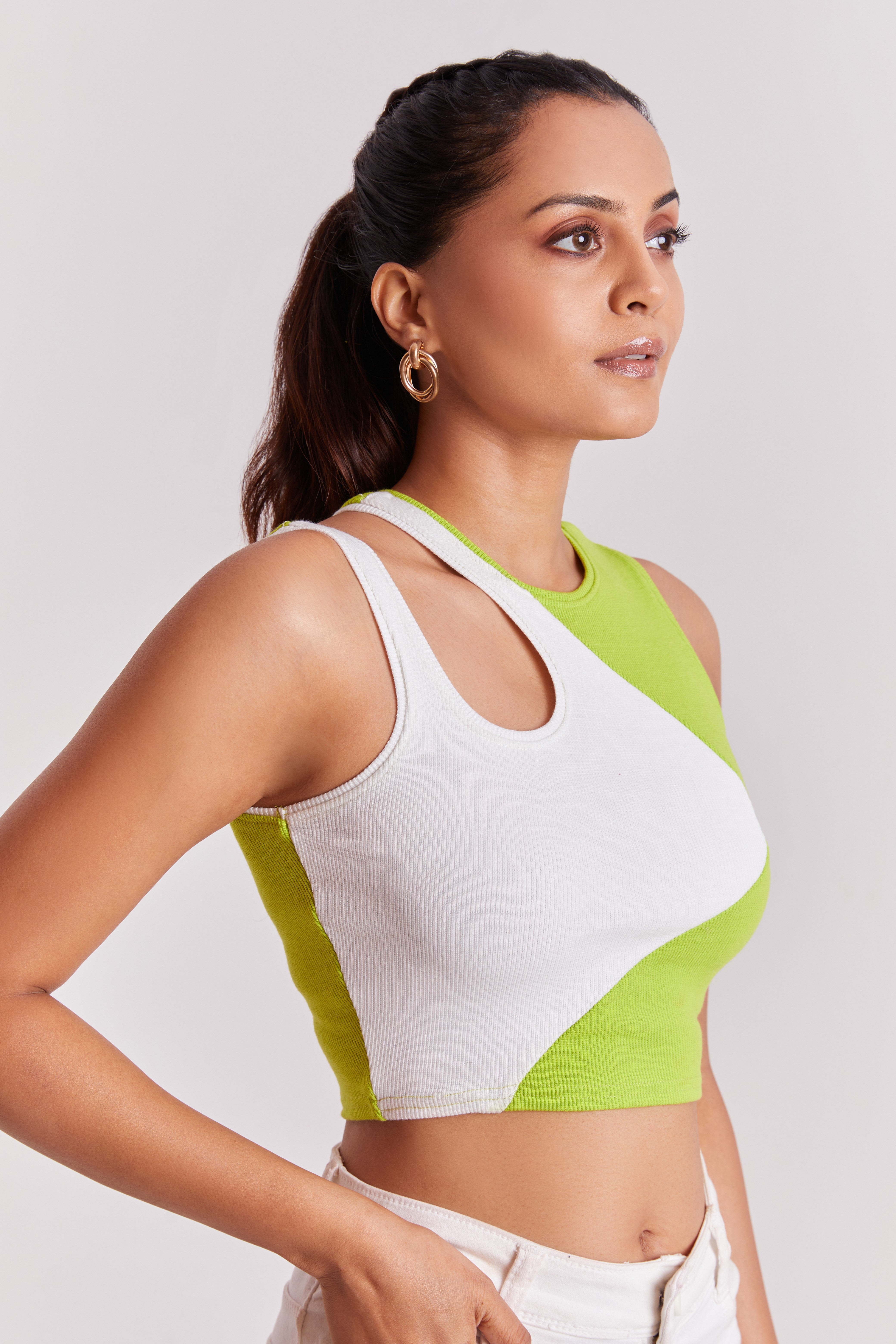 Orange & White-Ribbed Sleeveless Cut-Out Tank Top