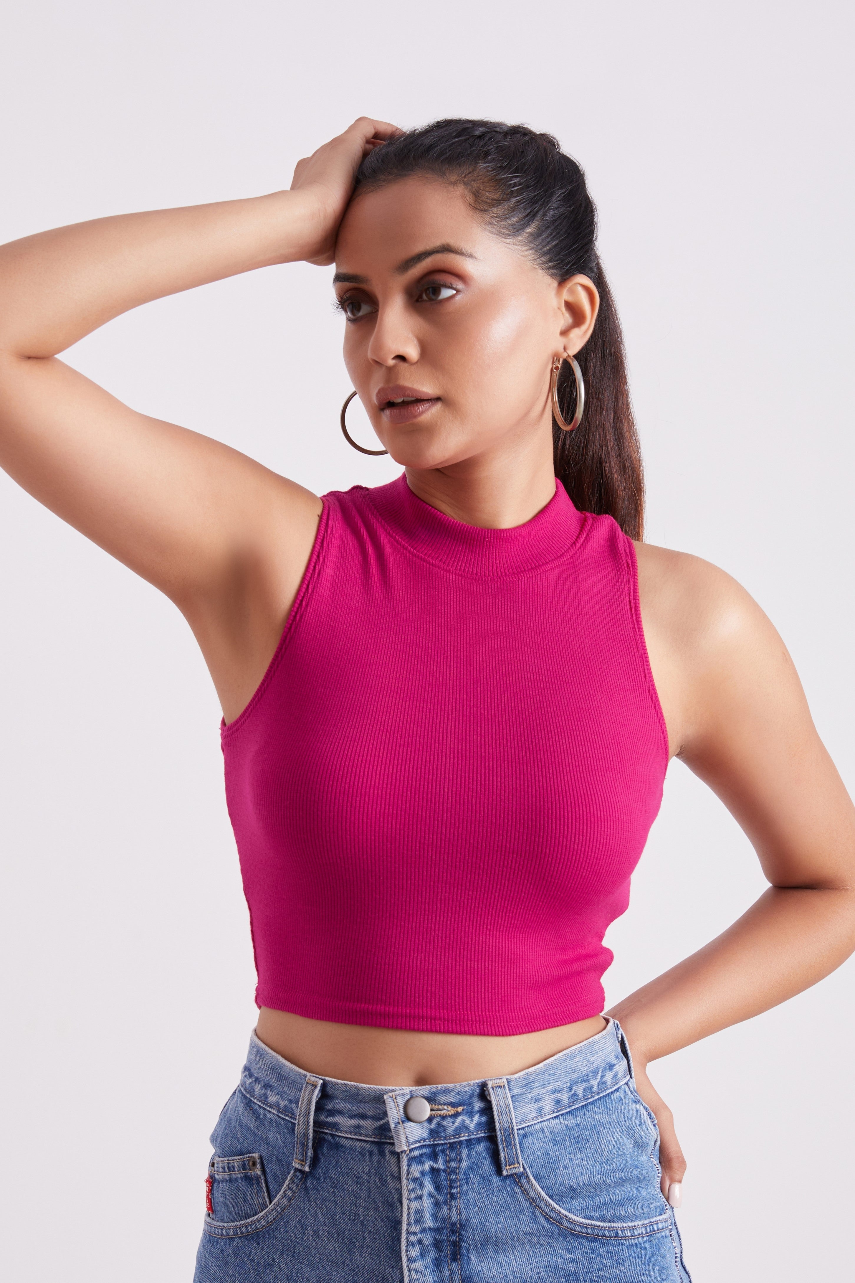 Pink Ribbed High Neck Sleeveless Crop Top