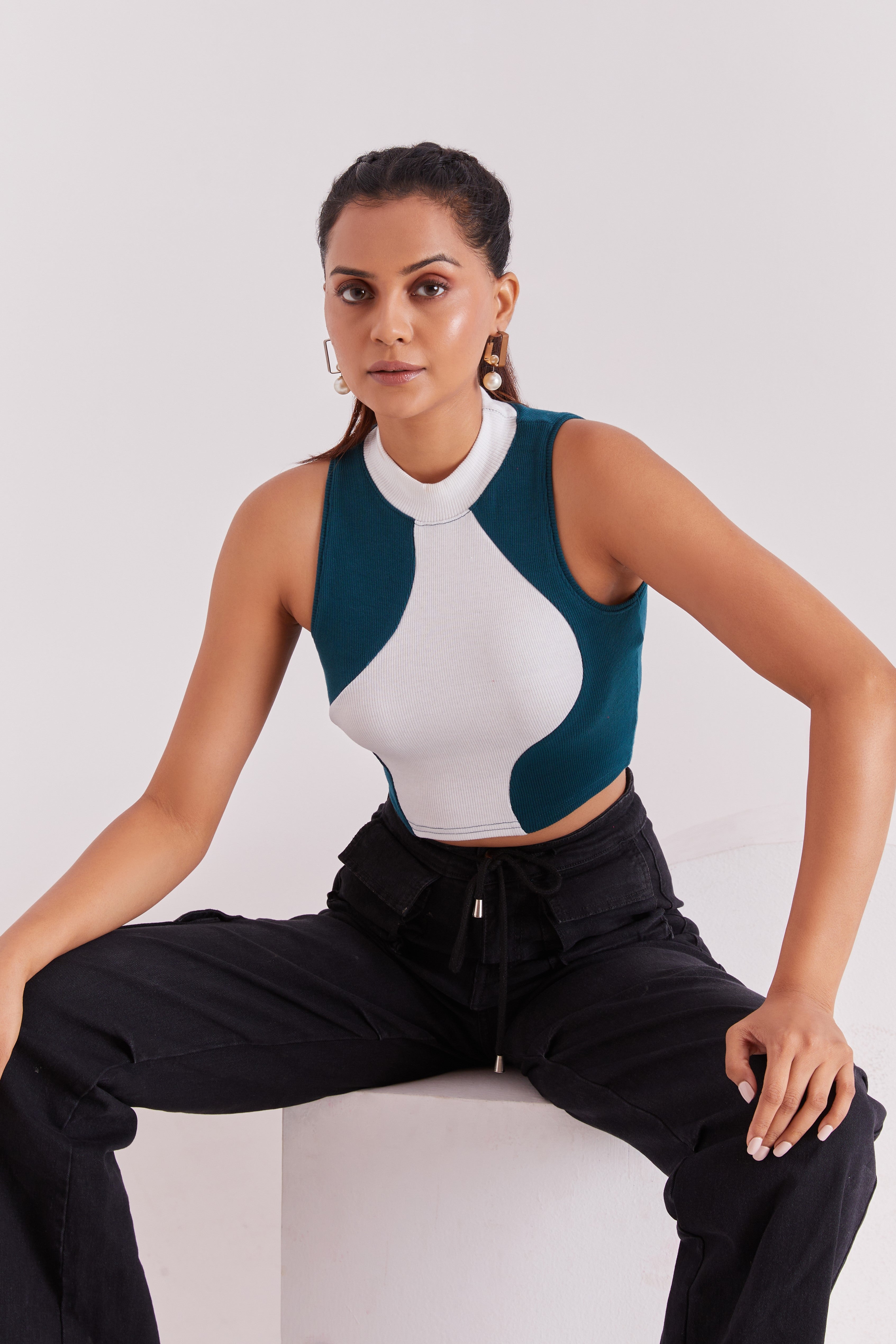 Tail & White Ribbed High Neck Sleeveless Crop Top