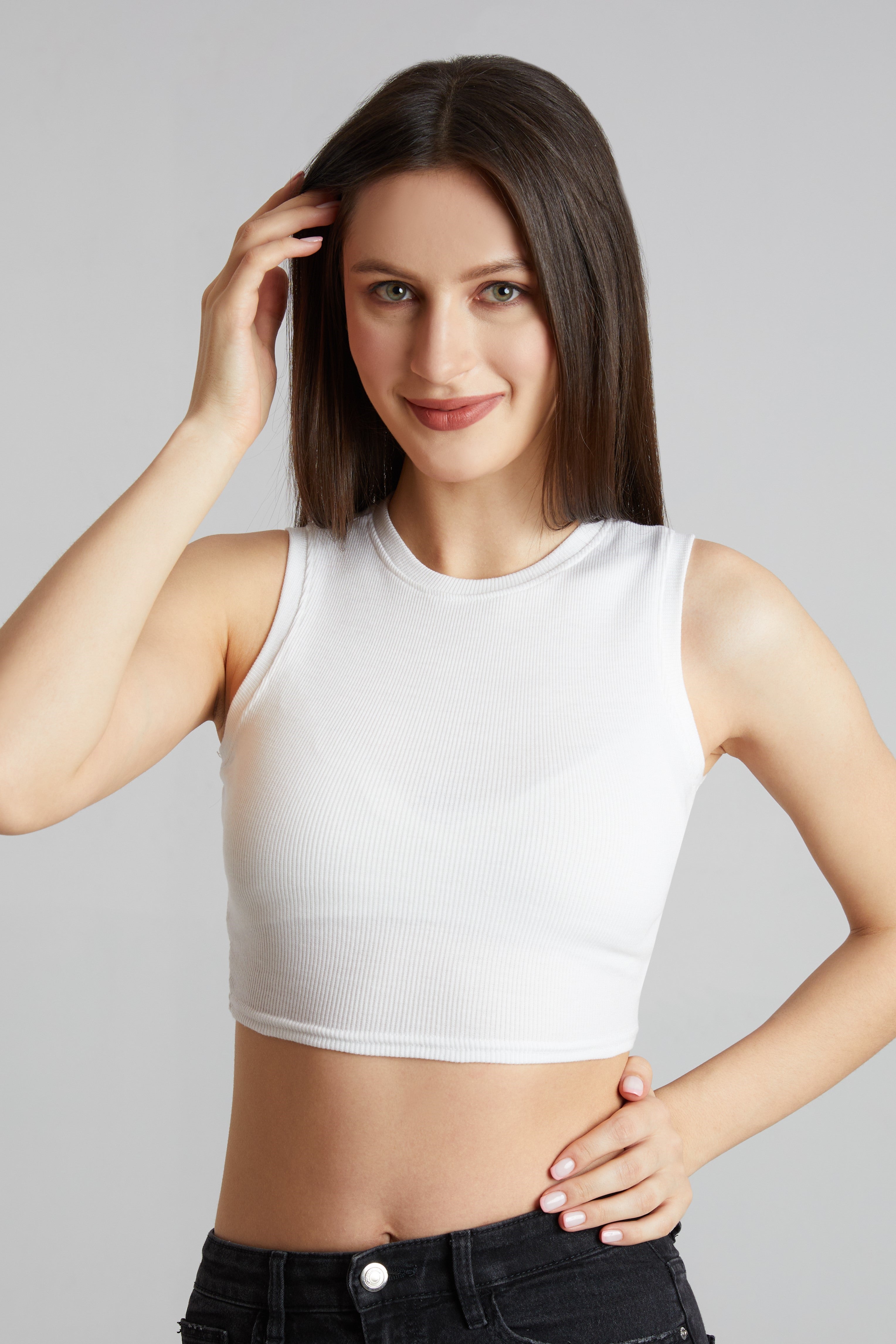 Classic White Ribbed Sleeveless Crop Top