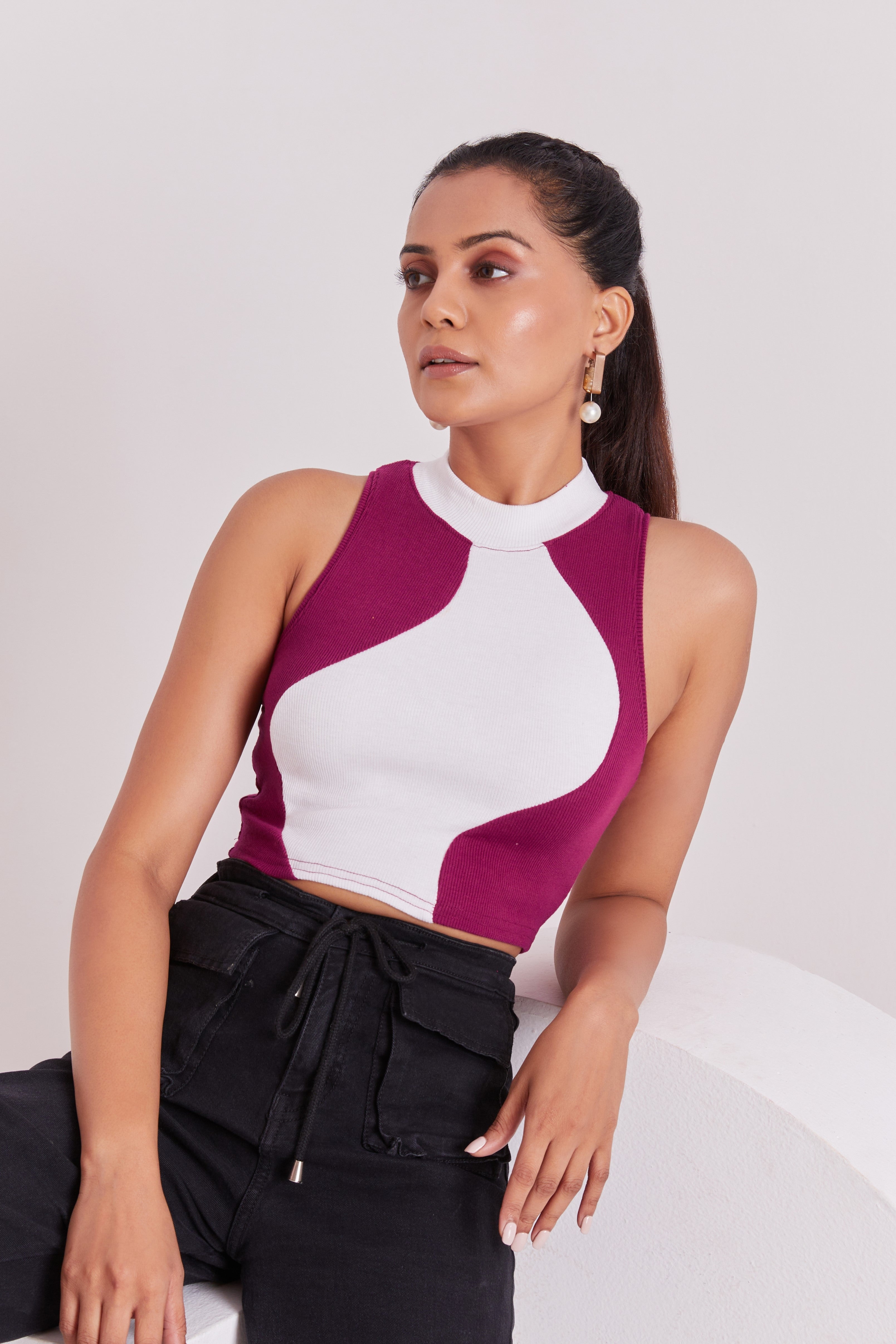 Wine & White Ribbed High Neck Sleeveless Crop Top