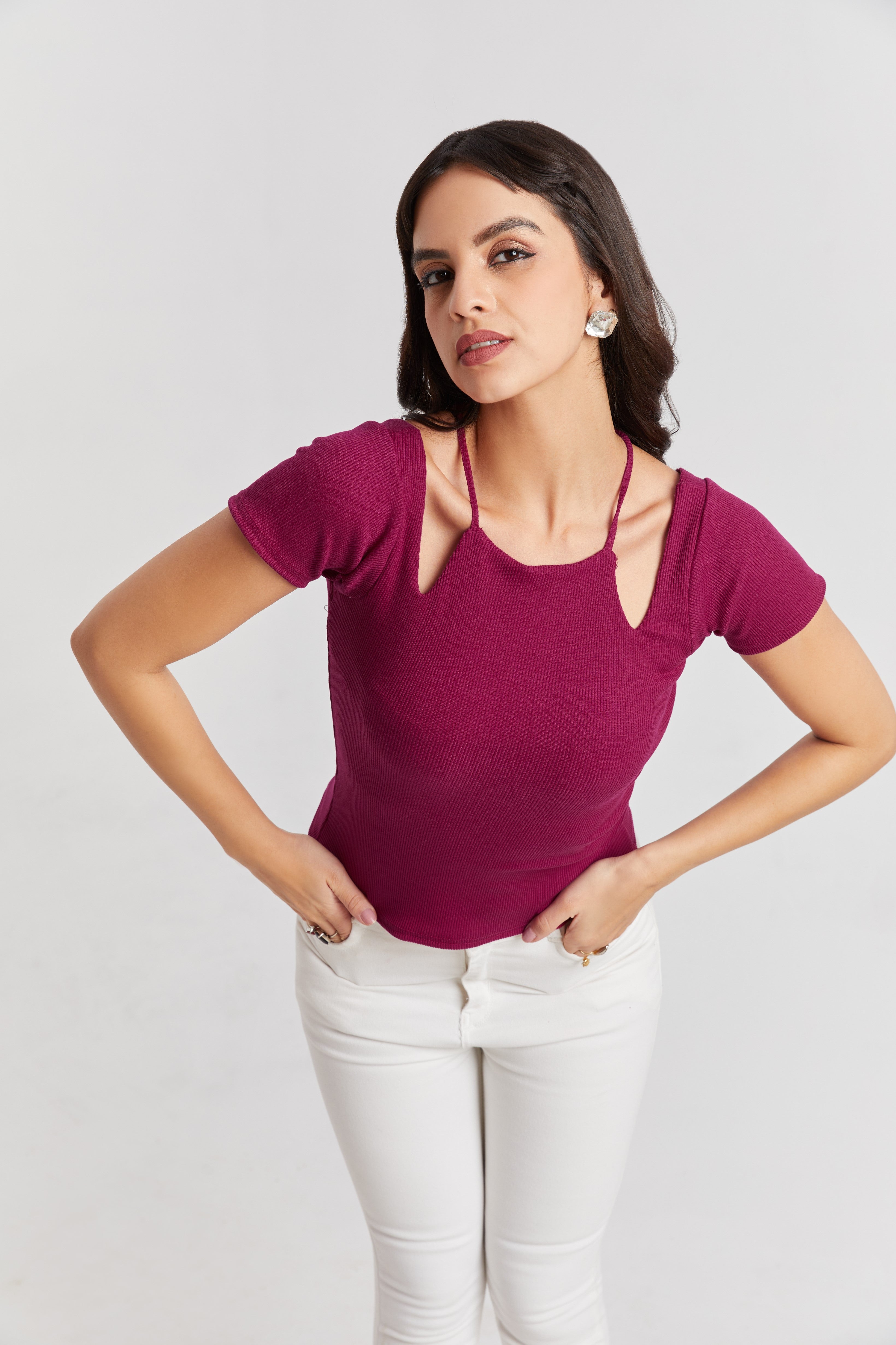 Midnight Wine Ribbed Cutout Top
