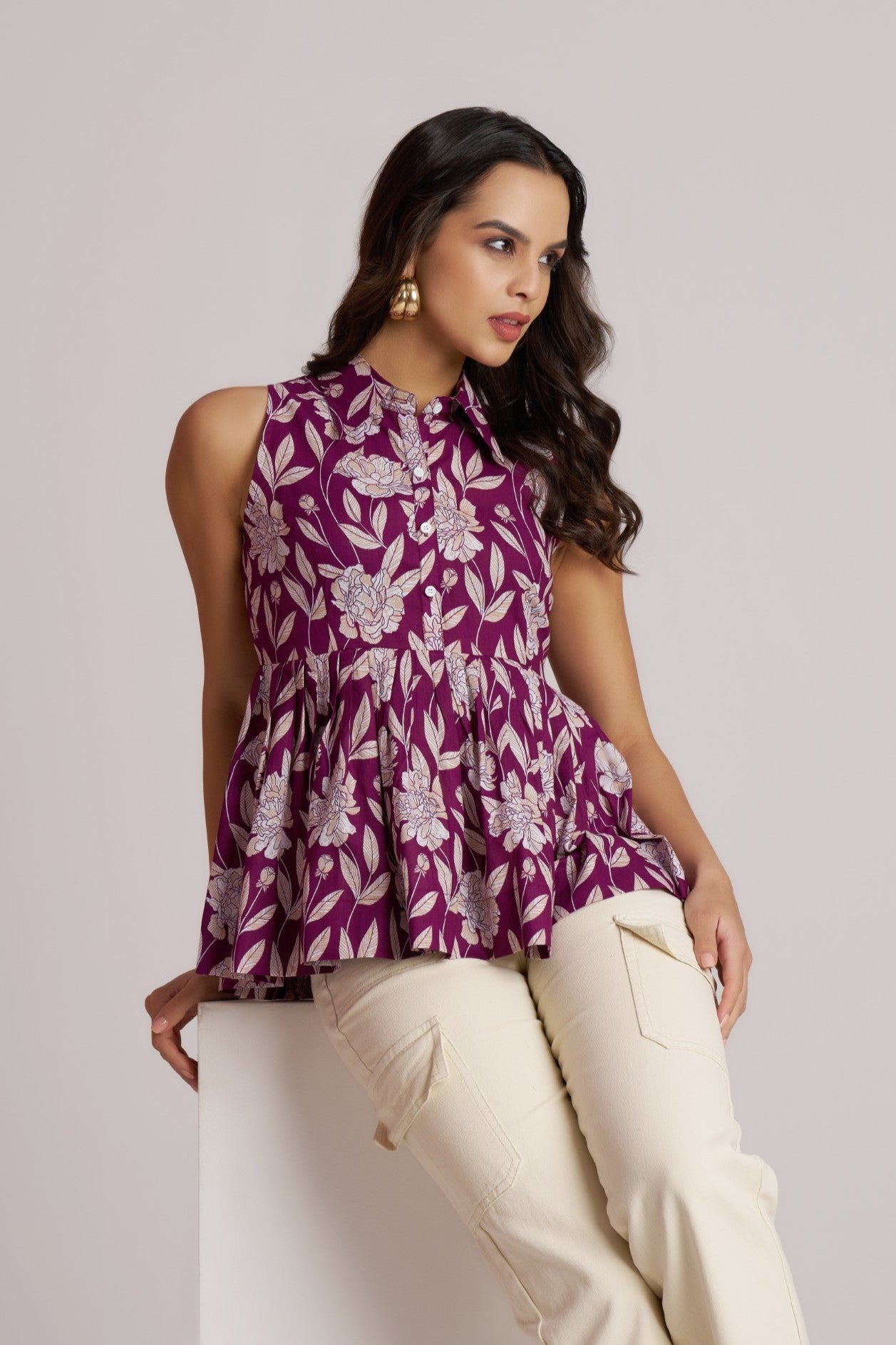 Olive Bloom Sleeveless Peplum Top
