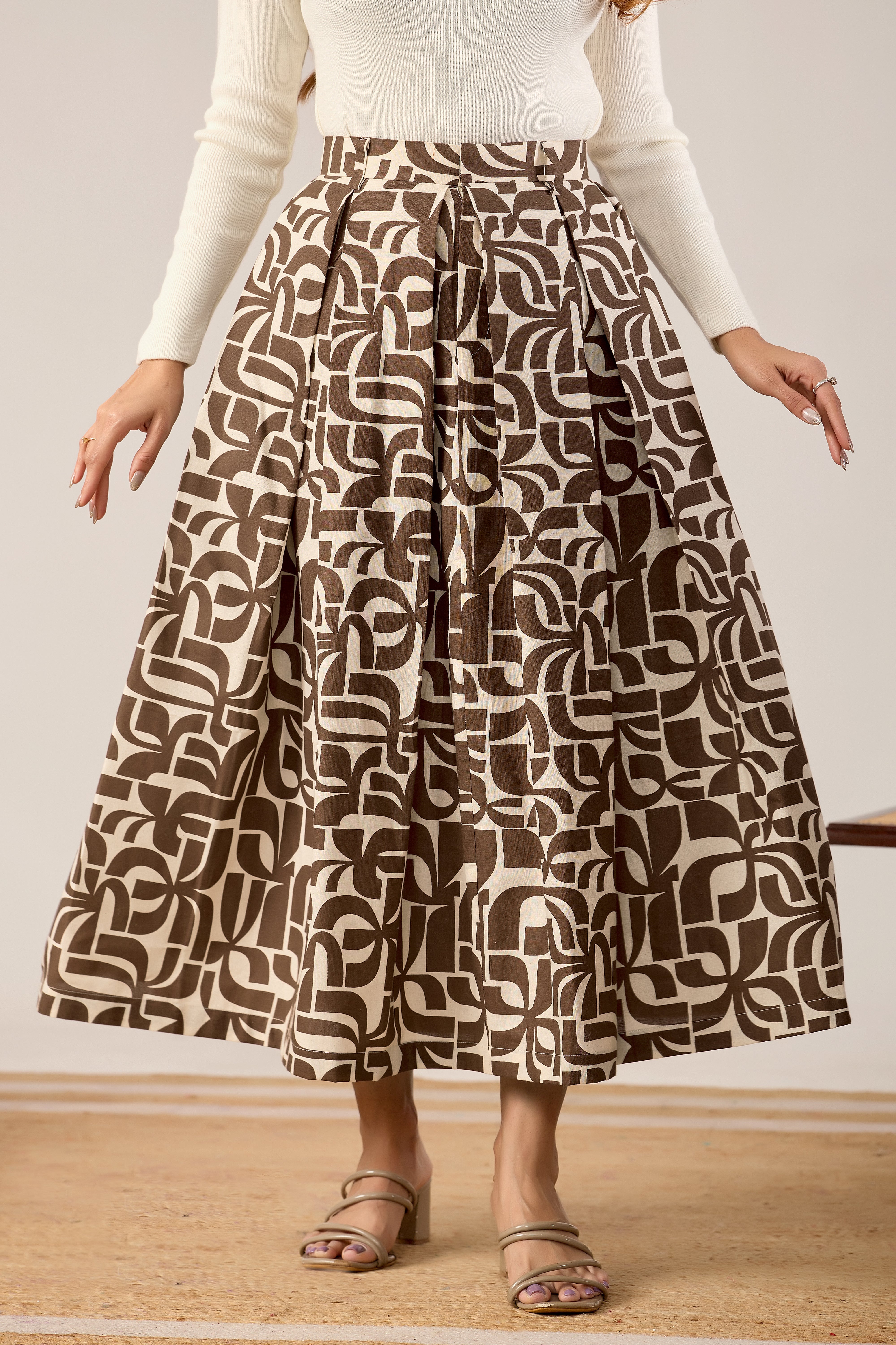 Cocoa Geometry Pleated Midi Skirt