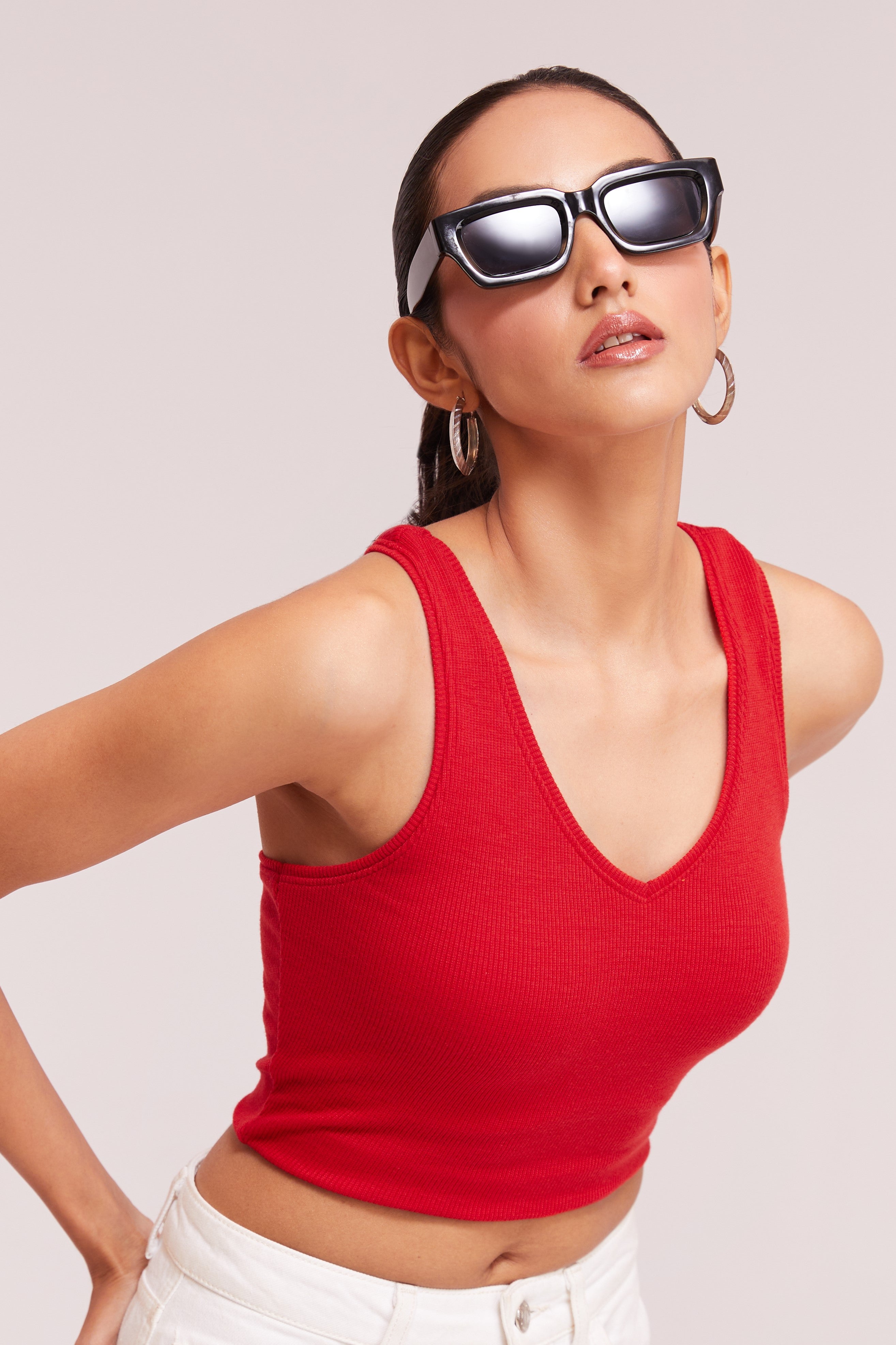 Black Ribbed V-Neck Sleeveless Crop Top