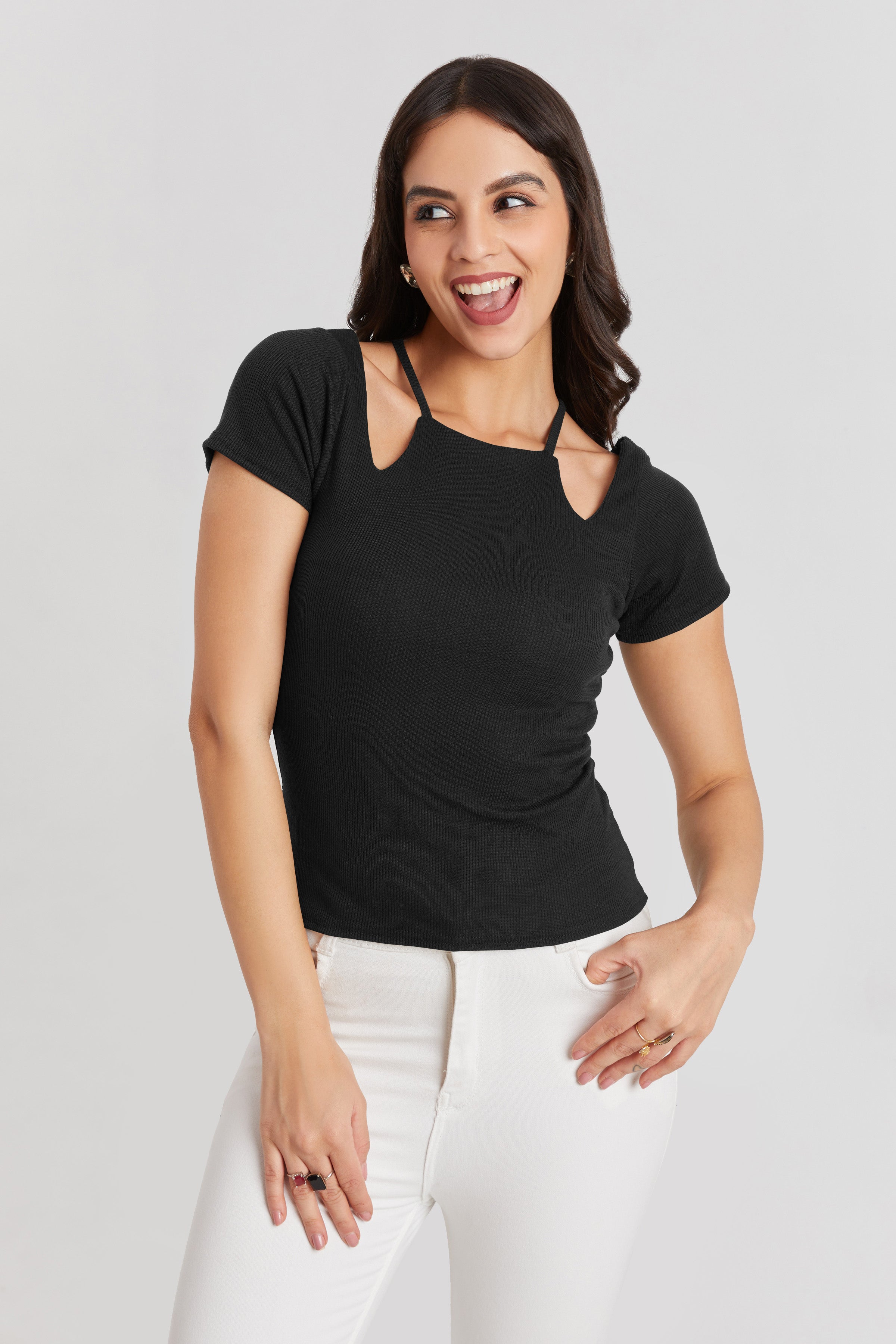 Midnight White Ribbed Cutout Top