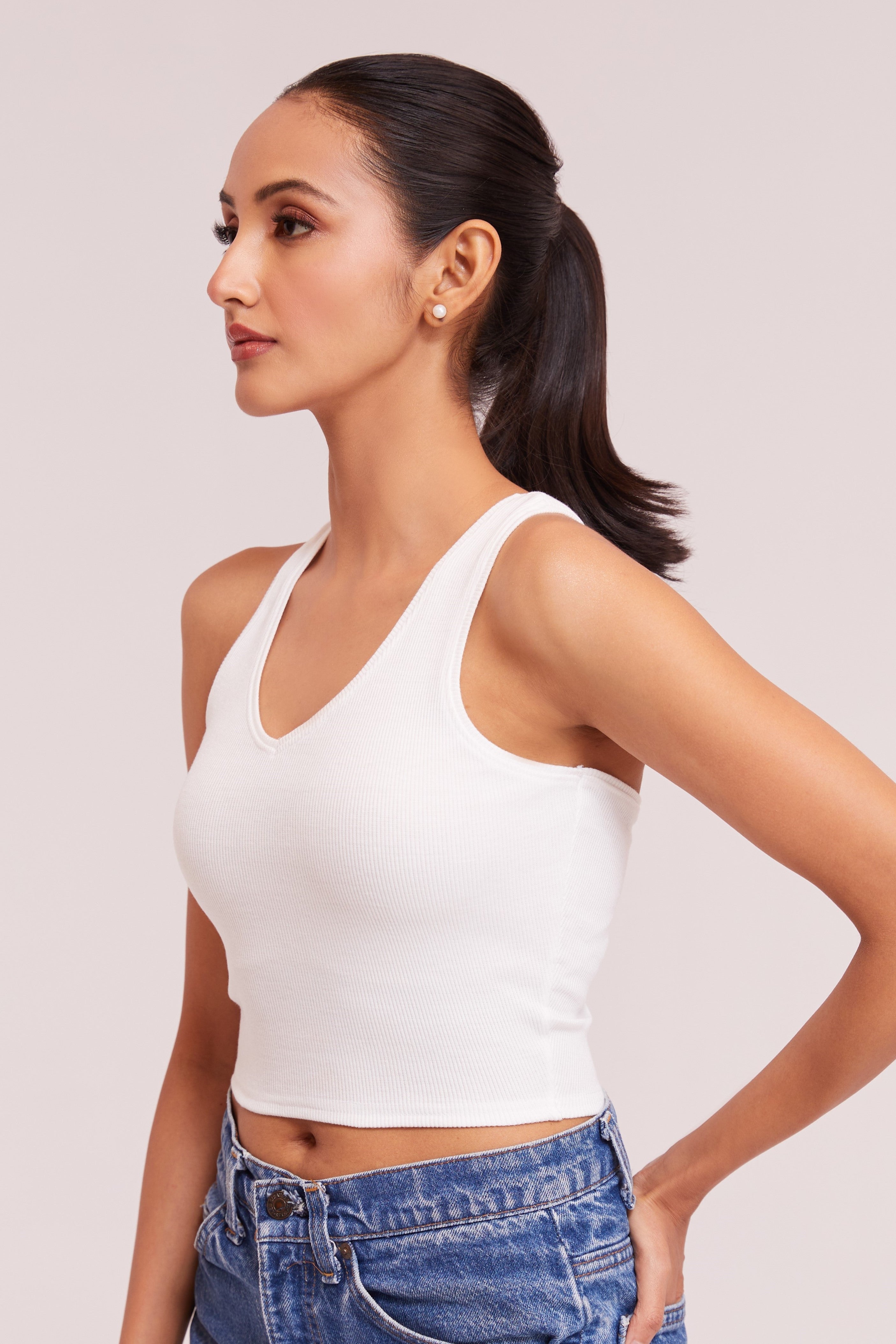White Ribbed V-Neck Sleeveless Crop Top