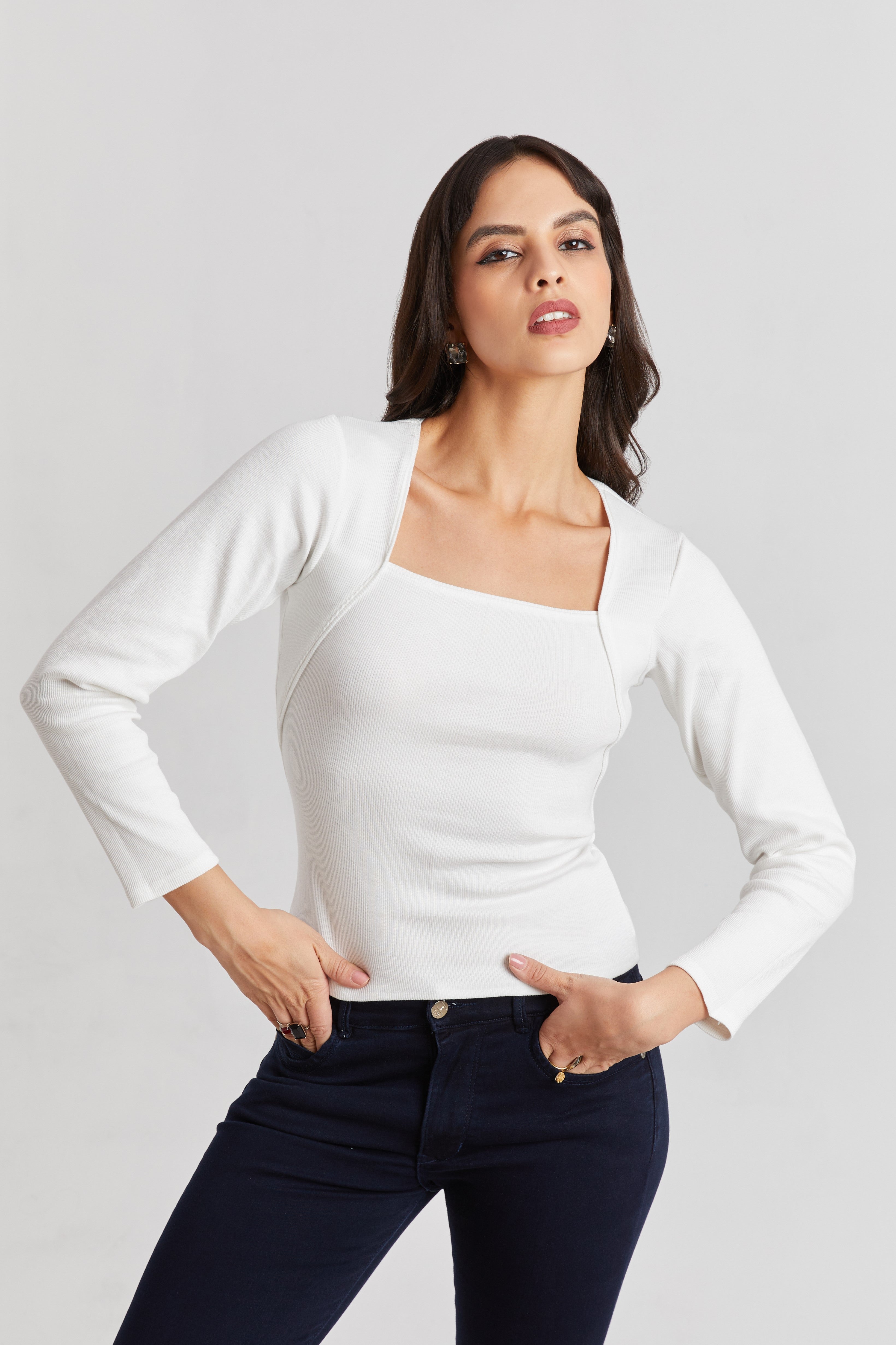 Black Ribbed Square Neck Top
