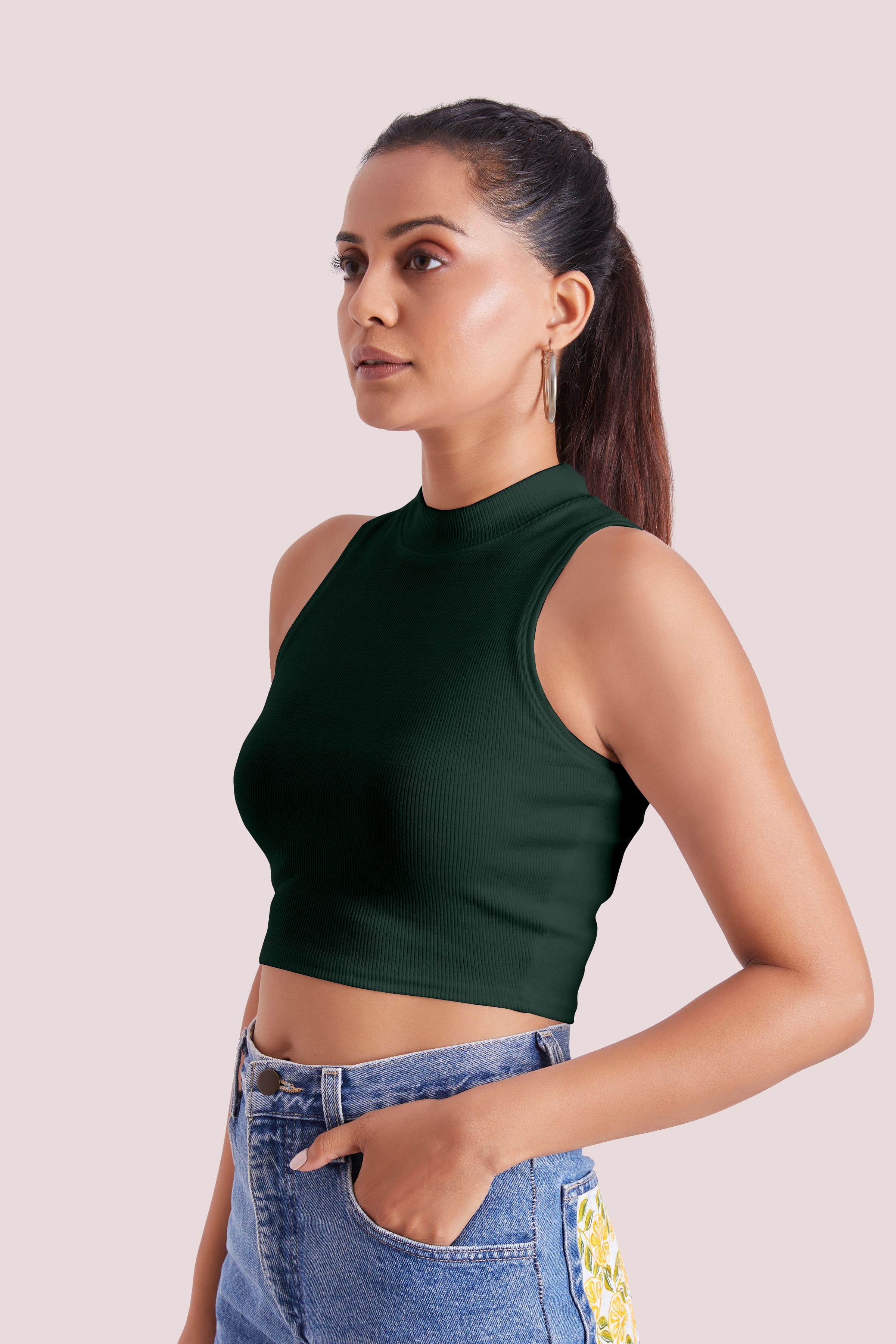 Forest Green Ribbed High Neck Sleeveless Crop Top