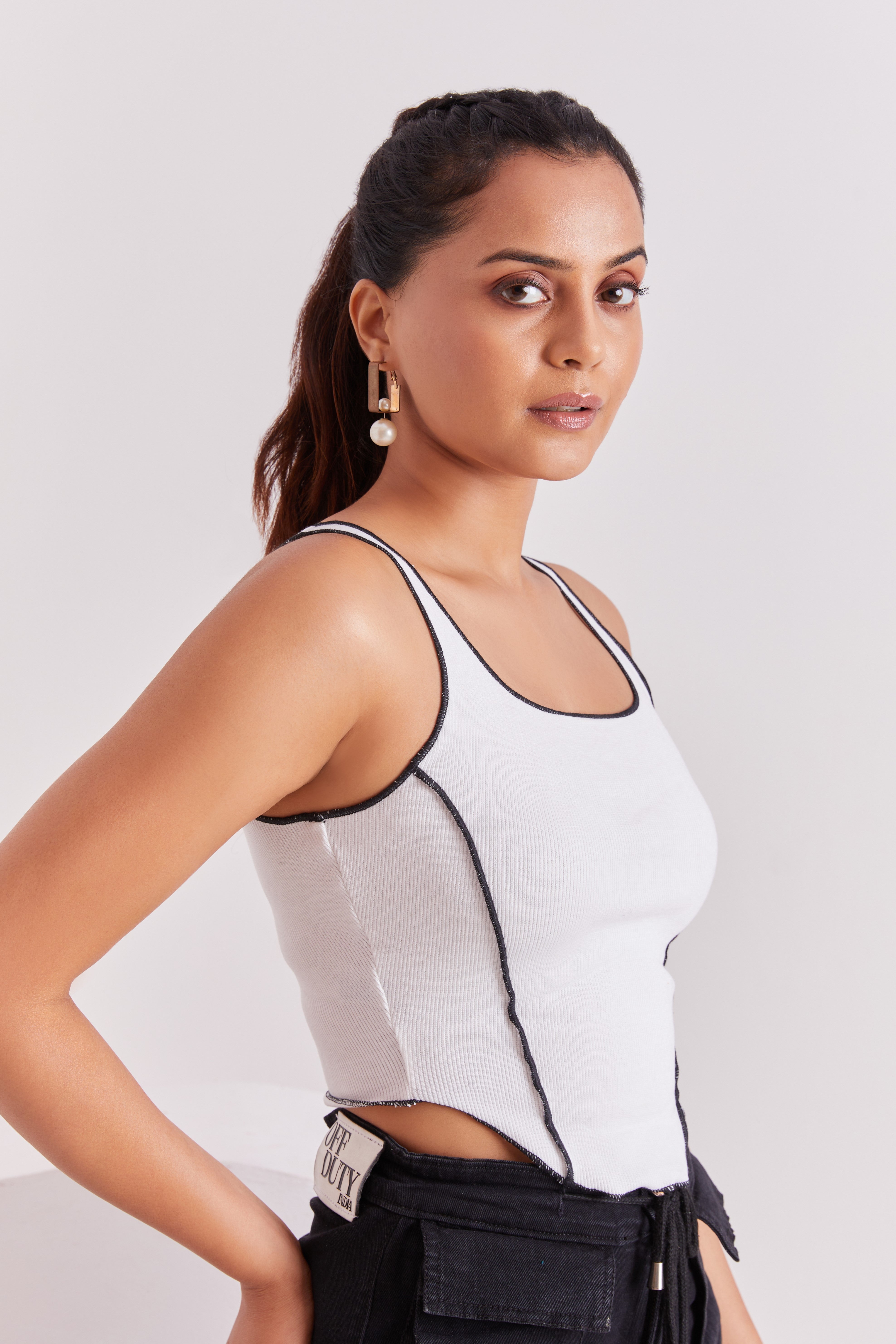 White Contrast Stitch Tank Top