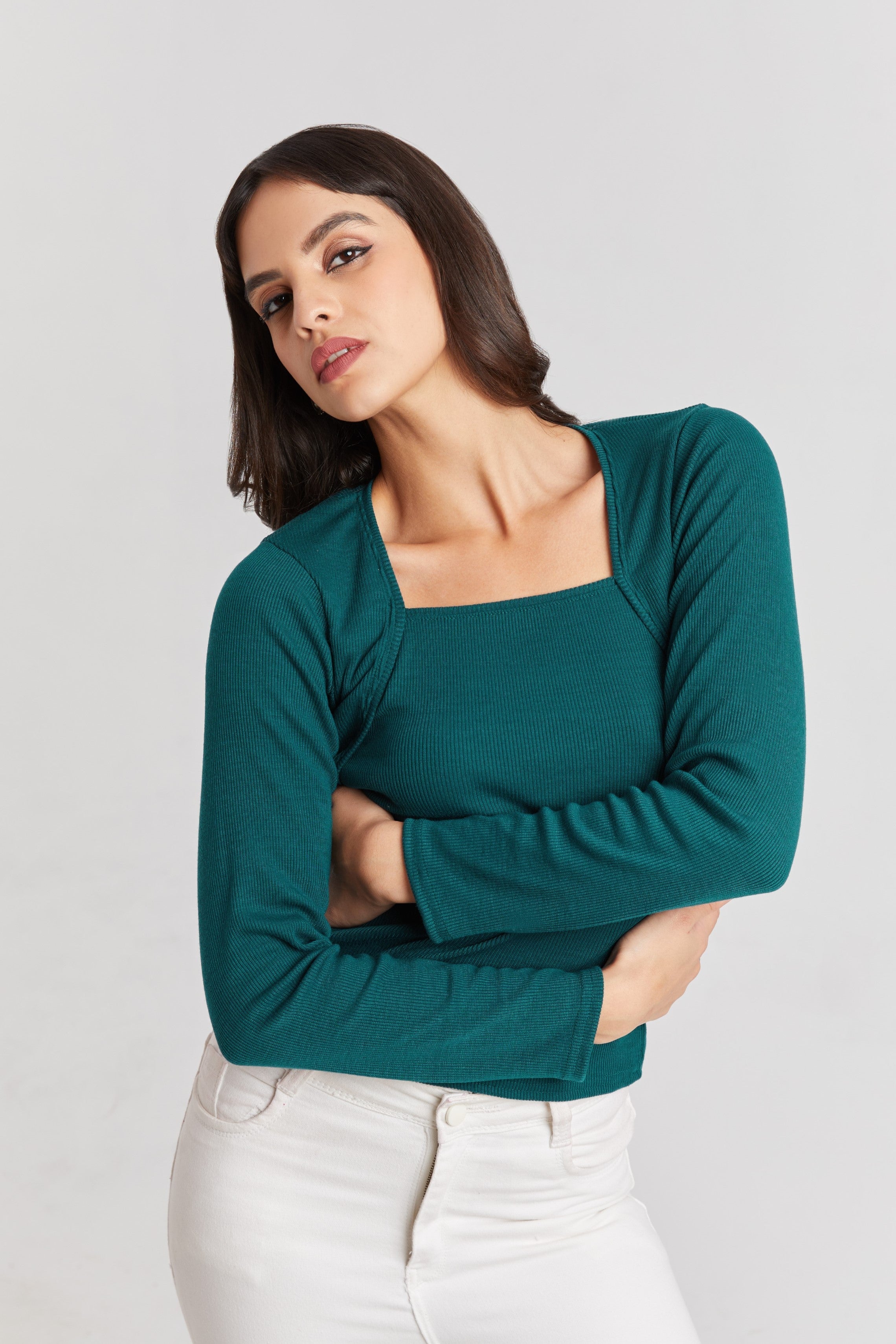 Teal Green Ribbed Square Neck Top