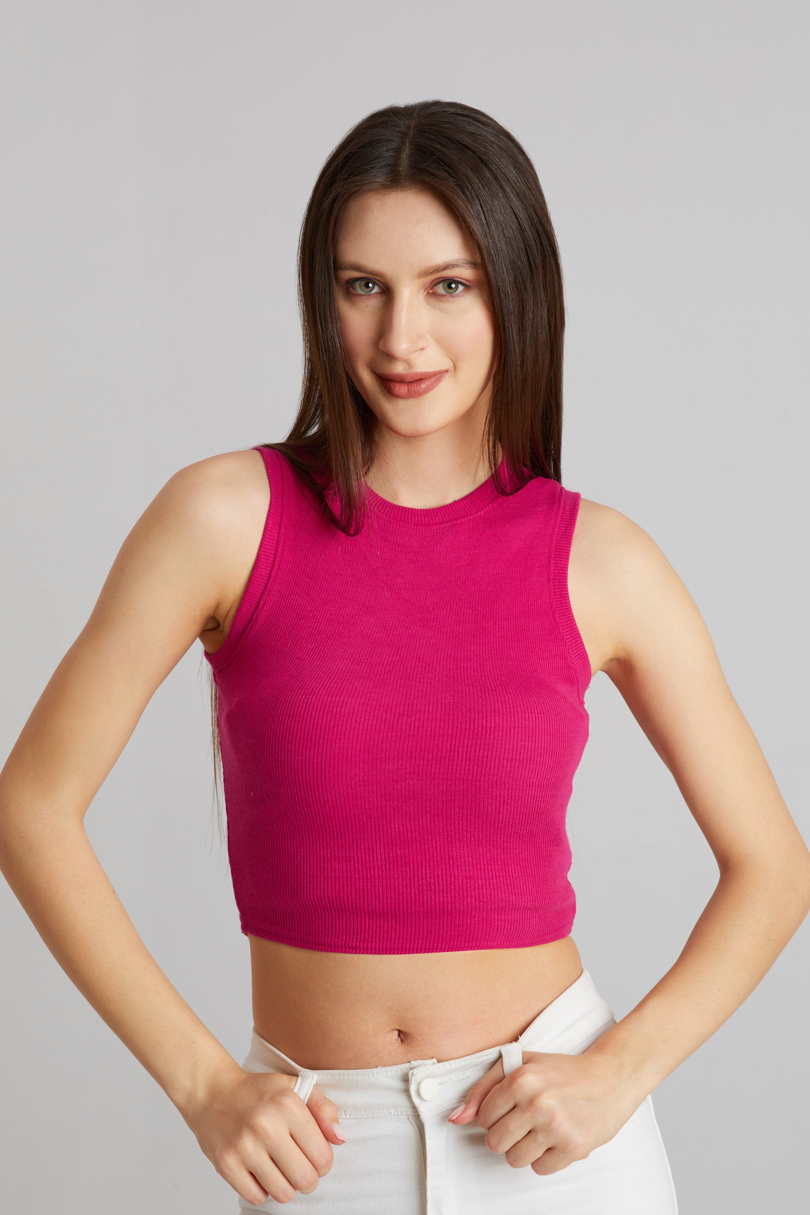 Bold Hot Pink Ribbed Sleeveless Crop Top