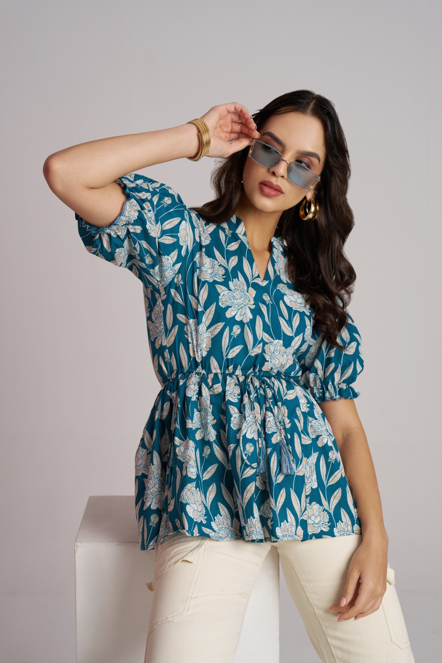 Olive Bloom Puff Sleeve Peplum Top