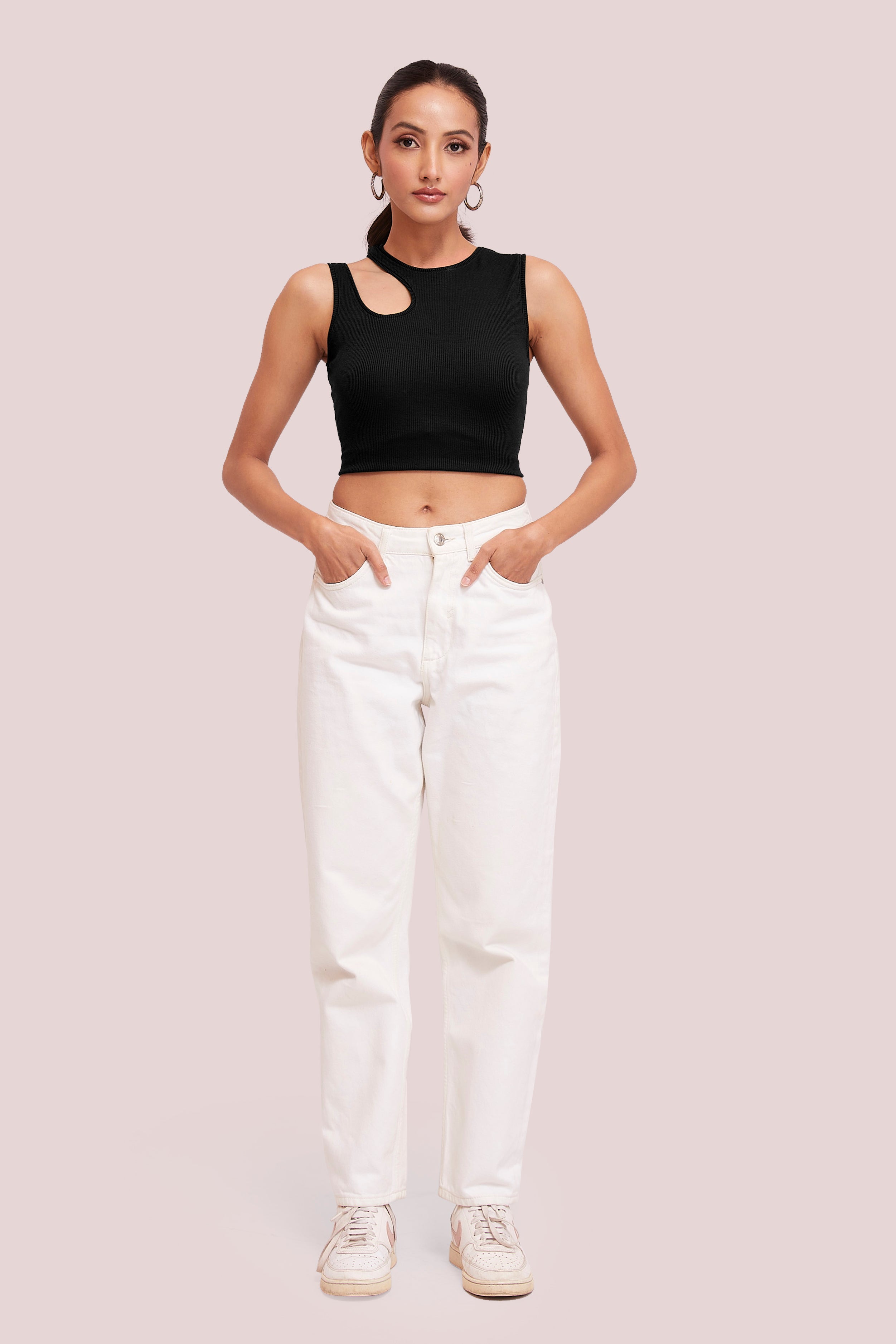 Black-Ribbed Sleeveless Cut-Out Tank Top