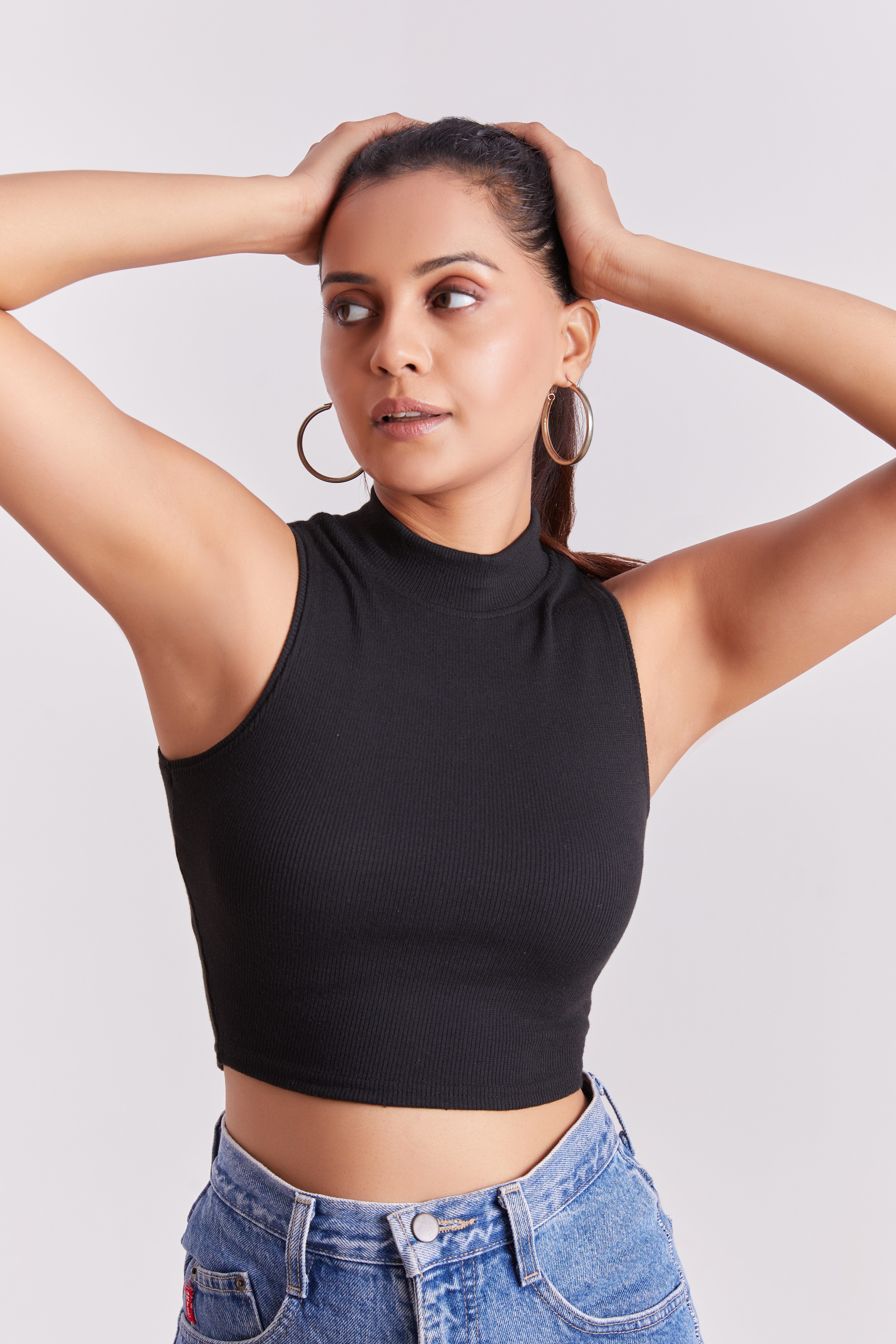 Black Ribbed High Neck Sleeveless Crop Top