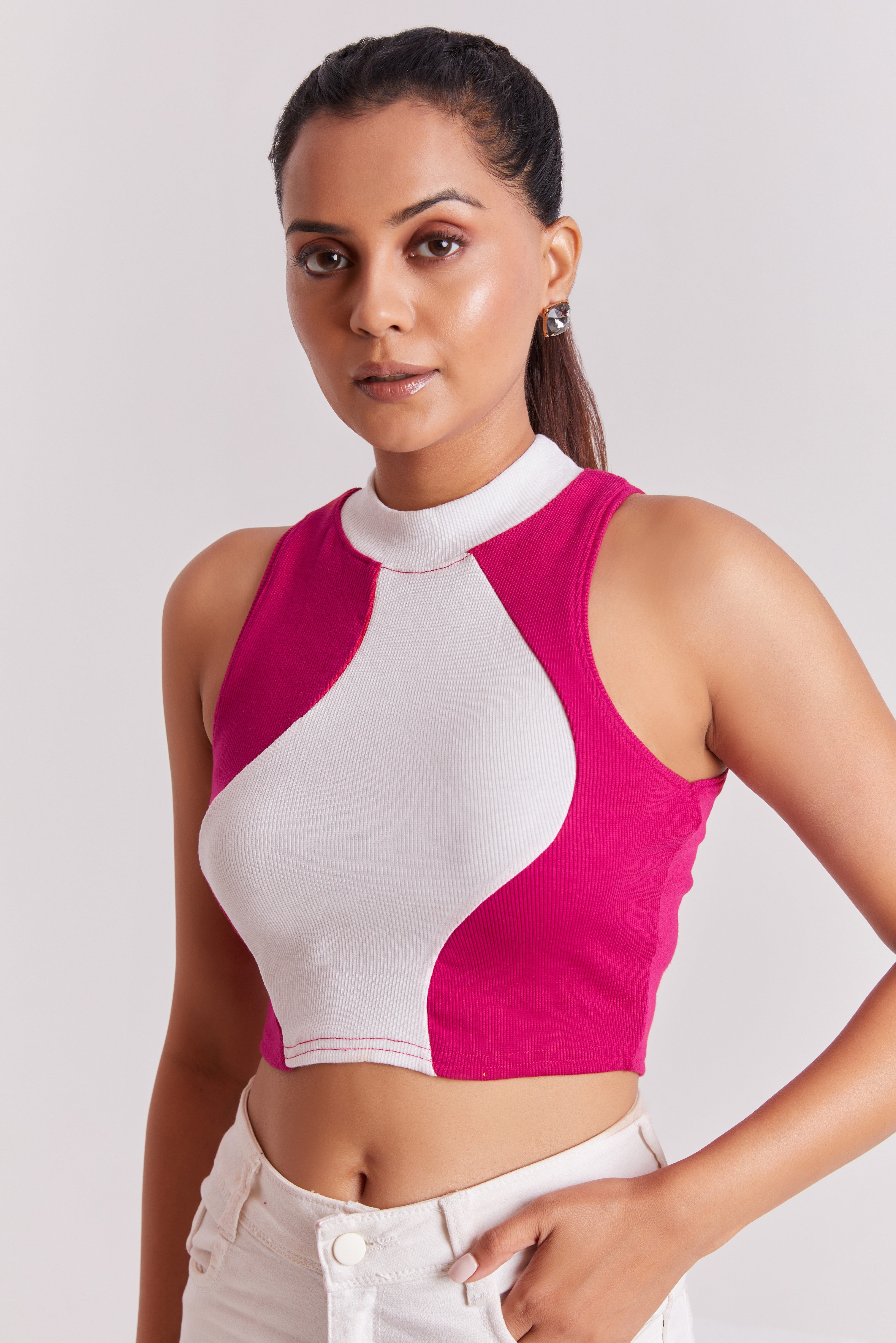 Forest Green Ribbed High Neck Sleeveless Crop Top