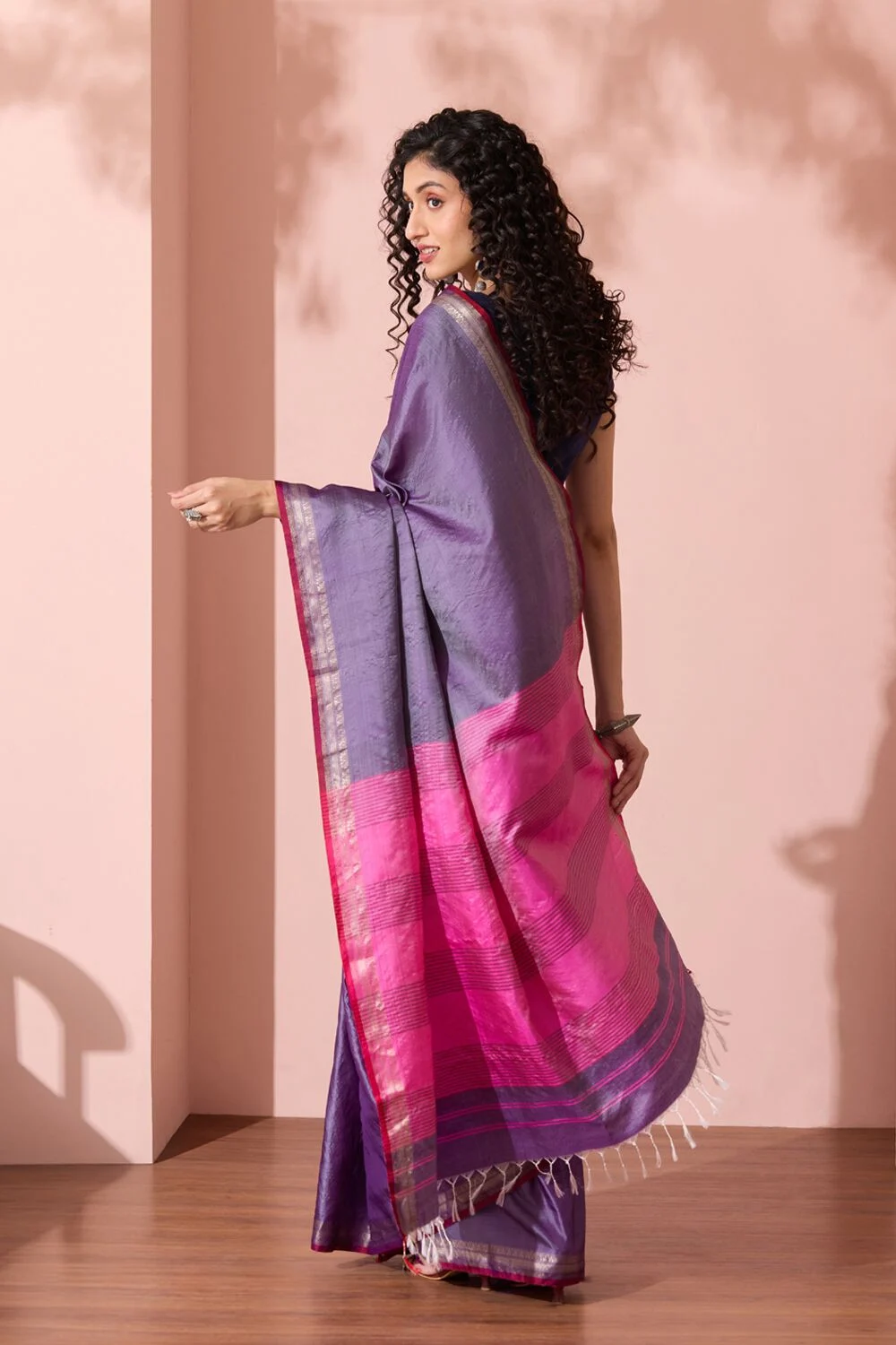 Royal Purple Silk Saree with Contrast Pink Zari Border