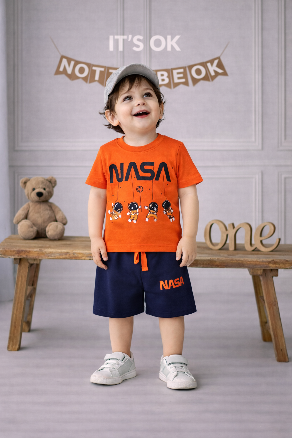 Boys Orange NASA Printed T-Shirt with Navy Shorts Co-ord Set