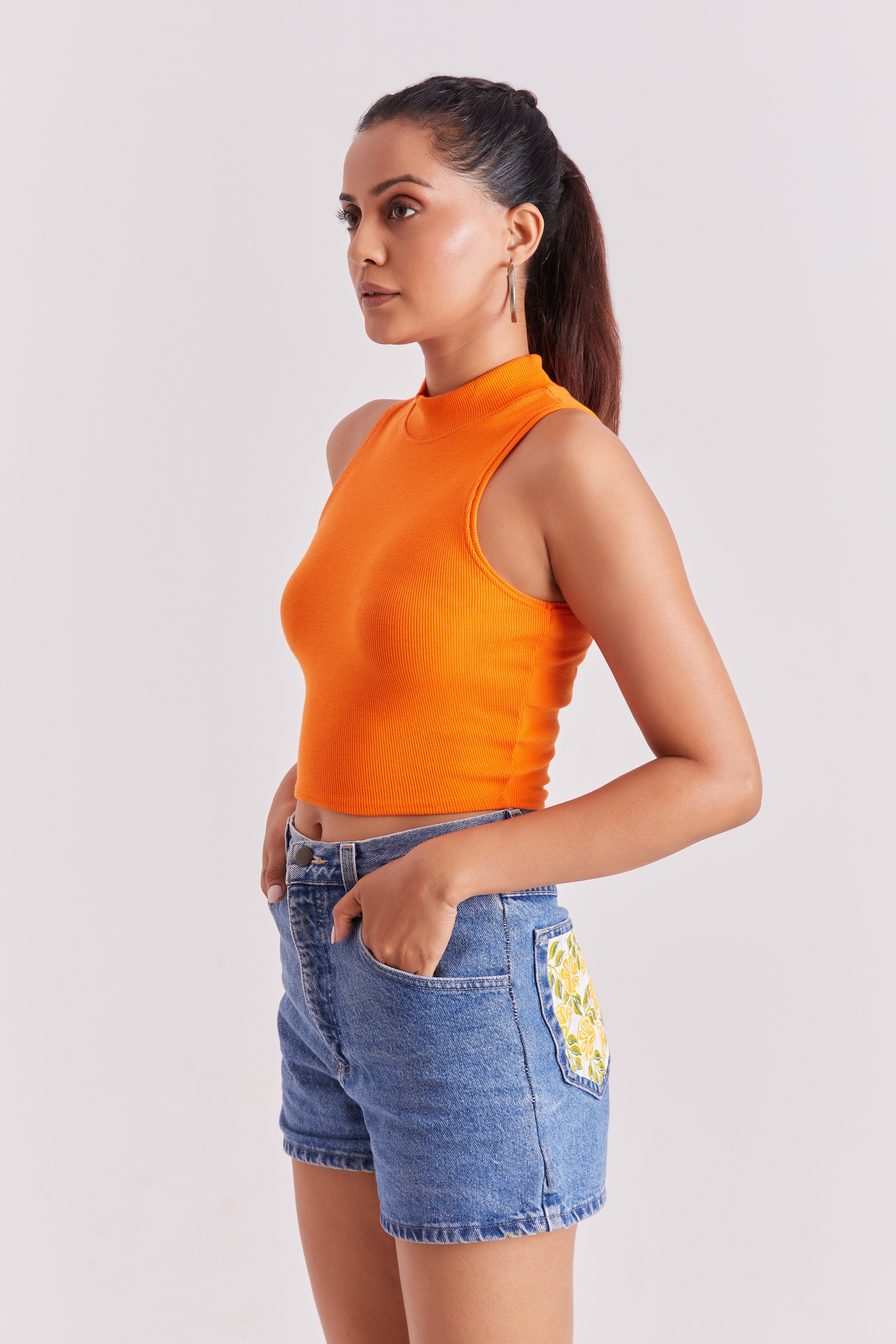 Orange Ribbed High Neck Sleeveless Crop Top
