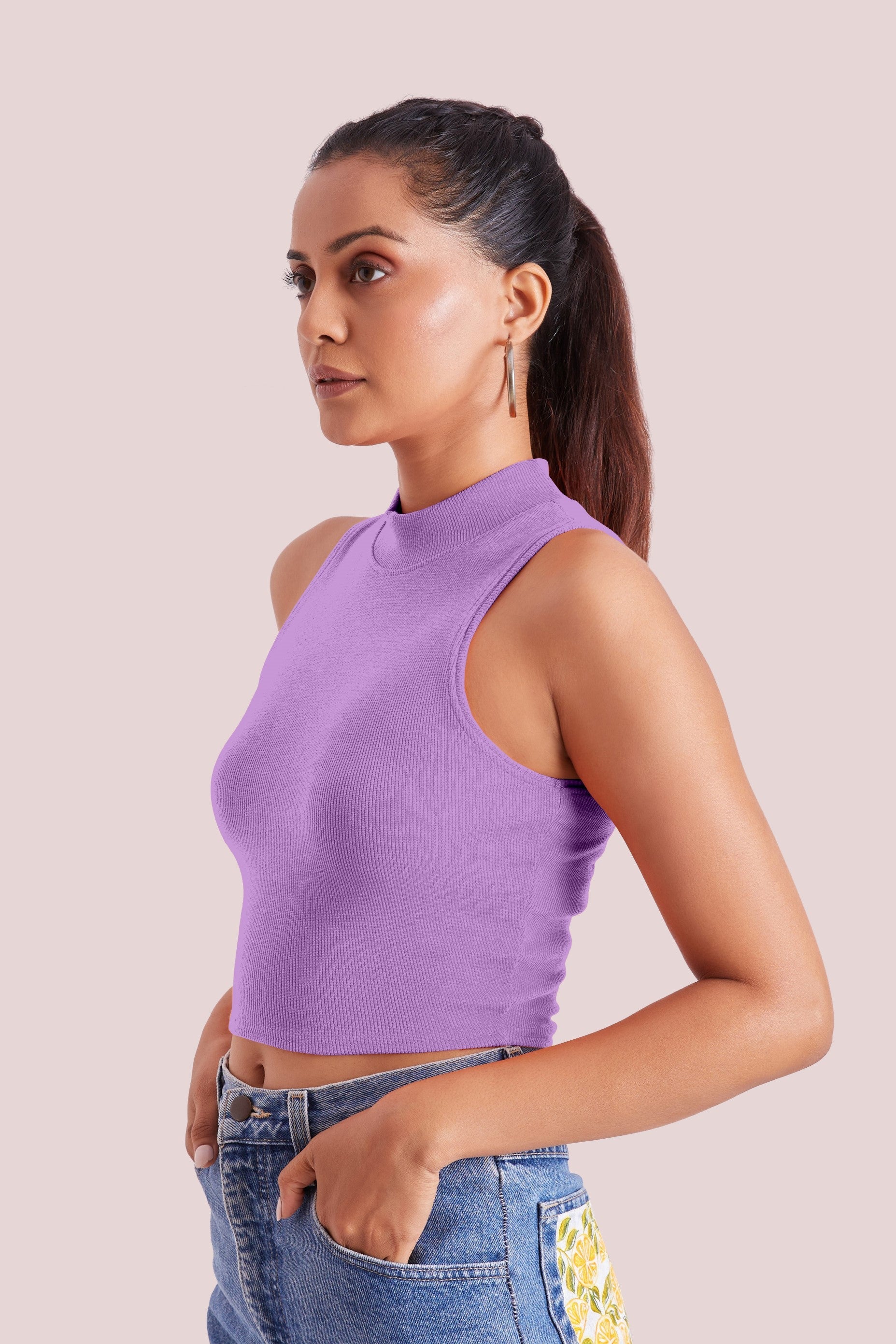 Levander Ribbed High Neck Sleeveless Crop Top